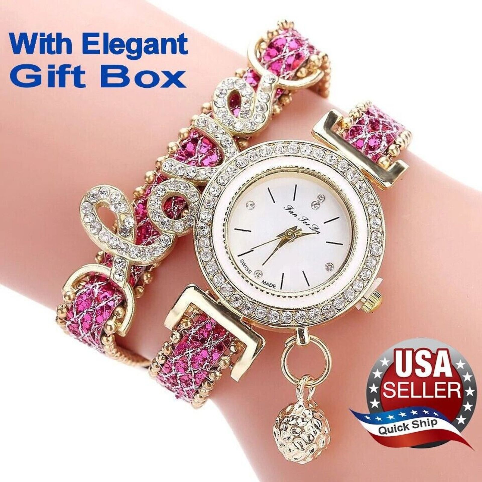 The Unbranded Brand Rhinestone Bracelet Bangle Watch ‘Love’ Quartz Analog Pink Size ONE SIZE - 1 Thumbnail