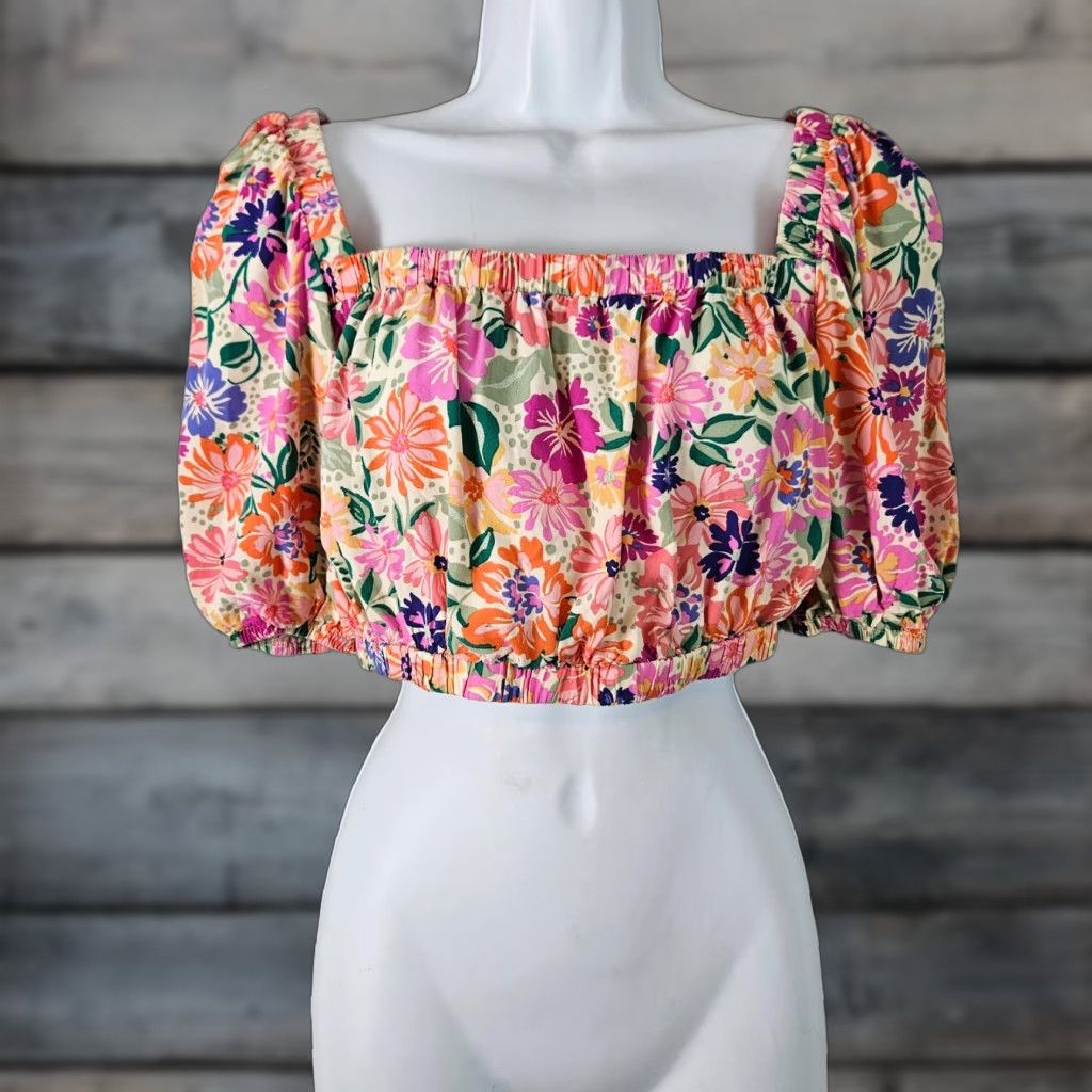 Vintage Abel the Label Crop Top Womens L Pink Orange Floral Rayon Shirt Summer Cropped Size L / US 10 / IT 46 - 1 Thumbnail