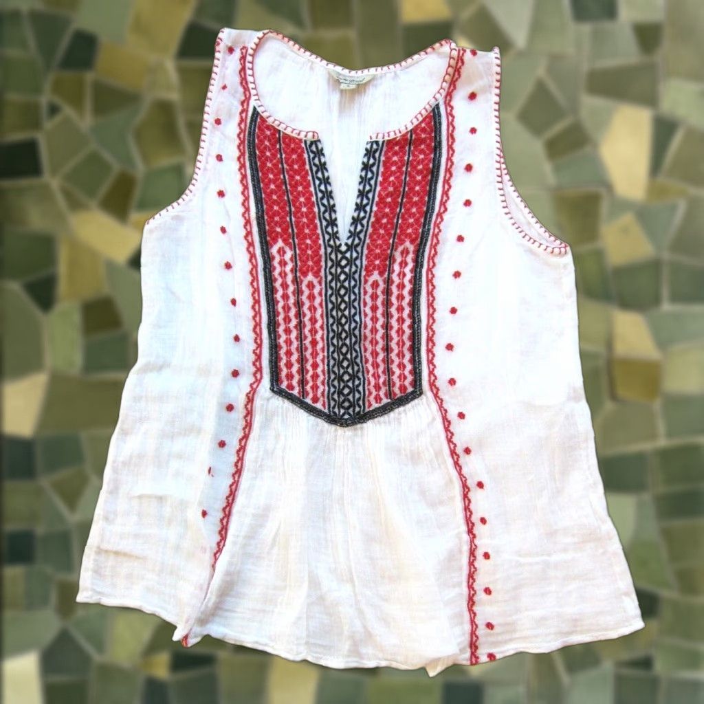 Lucky Brand Lucky Brand Blouse Sleeveless White 100% Cotton Embroidered S Women's V-Neck Size S / US 4 / IT 40 - 1 Thumbnail