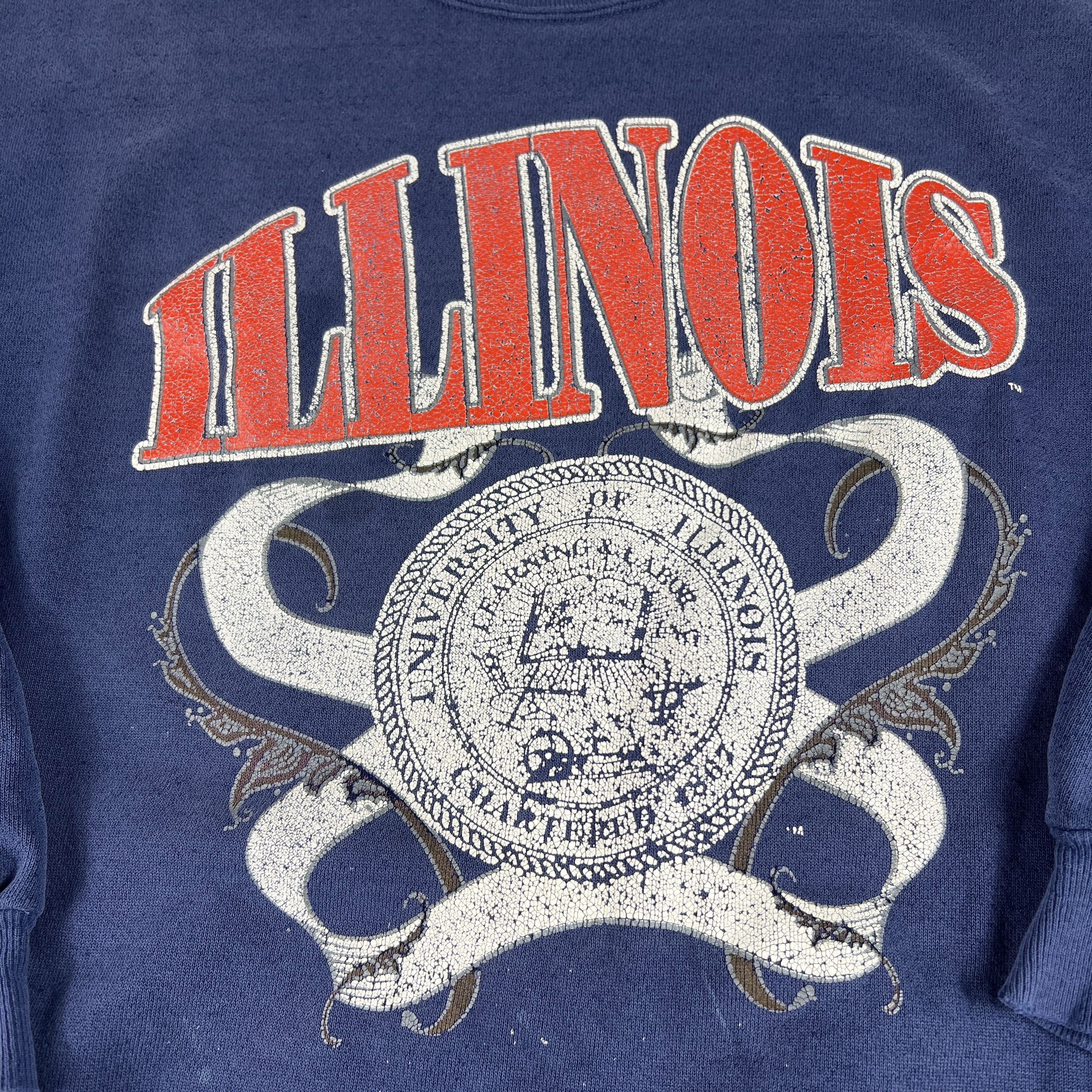 NCAA × Vintage VTG 90 Illinois Fighting Illini Sweatshirt Thrashed Crewneck Size US L / EU 52-54 / 3 - 8 Thumbnail