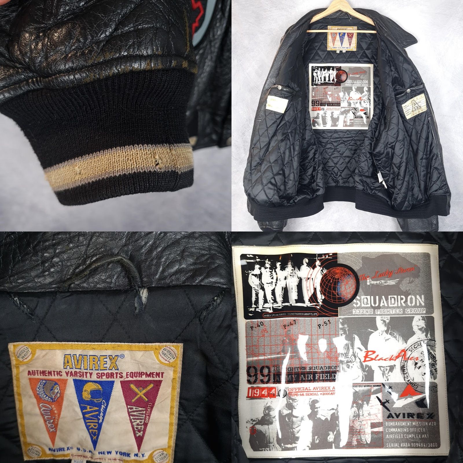 Avirex VINTAGE Avirex Jacket Mens 5XL Leather Bomber Black Aces Tuskegee Patch Military Patches Bomber Short Snap Collar M Size US XXL / EU 58 / 5 - 8 Thumbnail