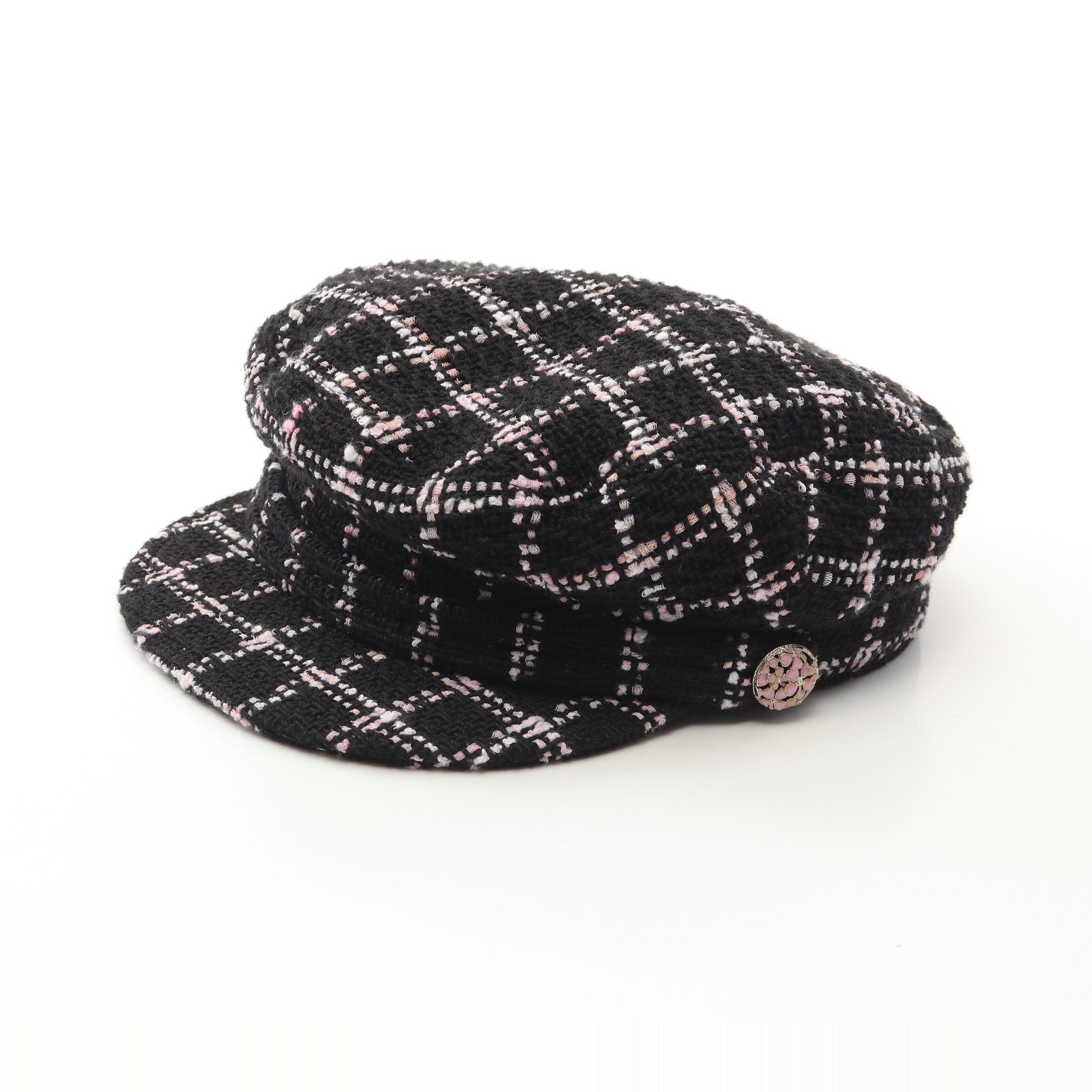 Chanel Chanel Cocomark Button Tweed Casquette Hat Check Cotton Black Pink White Size ONE SIZE - 1 Thumbnail