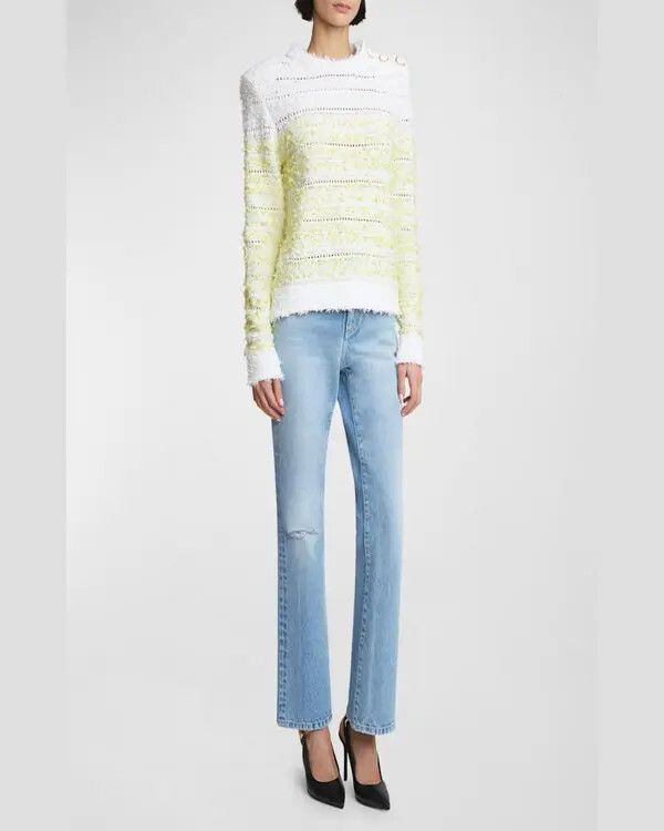 Balmain o1s1wg111025 Round-neck Tweed Pullover Top in White/Yellow Size S / US 4 / IT 40 - 4 Thumbnail