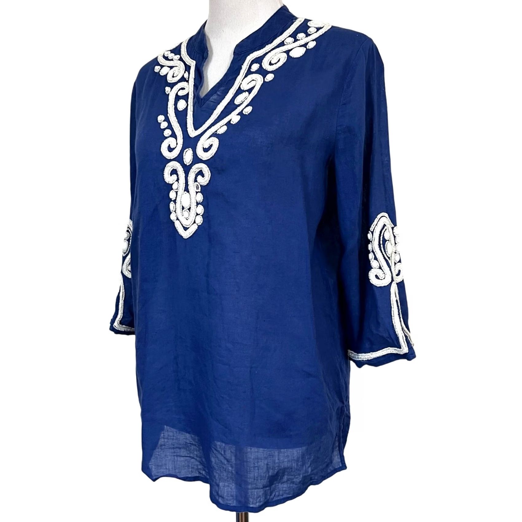Vintage Chico's Beaded Tunic Top Linen Blend Blouse Long Sleeve Blue Women's Sz M Medium Mens? Size M / US 6-8 / IT 42-44 - 3 Thumbnail