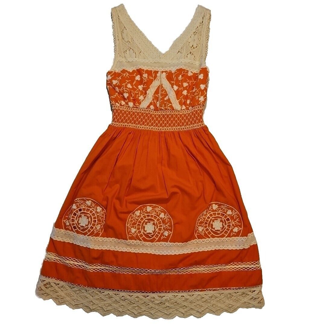 Anthropologie Moulinette Soeurs Anthro Dress Womens 0 Orange Crochet Medal Size XS / US 0-2 / IT 36-38 - 2 Thumbnail
