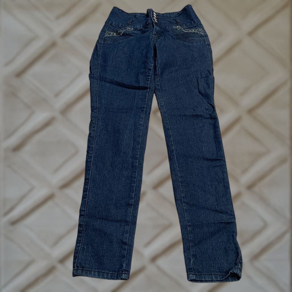 Vintage Diamante Jeans Diamante High Rise Denim Jeans Juniors 7 Blue Dark Wash Sequin Stretch 28x30 Skinny City Modern 7 Womens Size 28" / US 6 / IT 42 - 1 Thumbnail