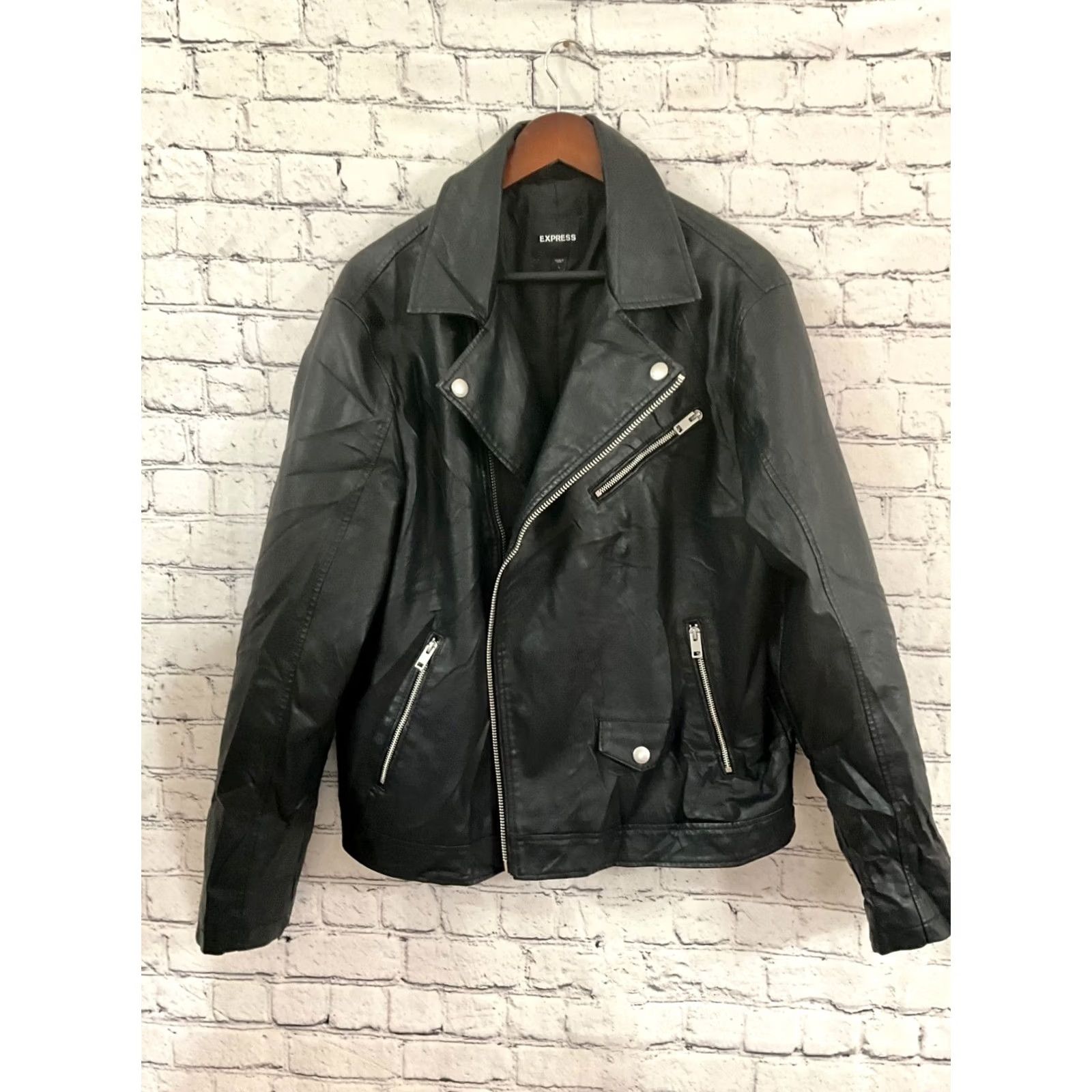 Express Express Women's Jacket Black Faux Leather Zip Front Lined Biker Style Small/Medium? L Size L / US 10 / IT 46 - 6 Thumbnail