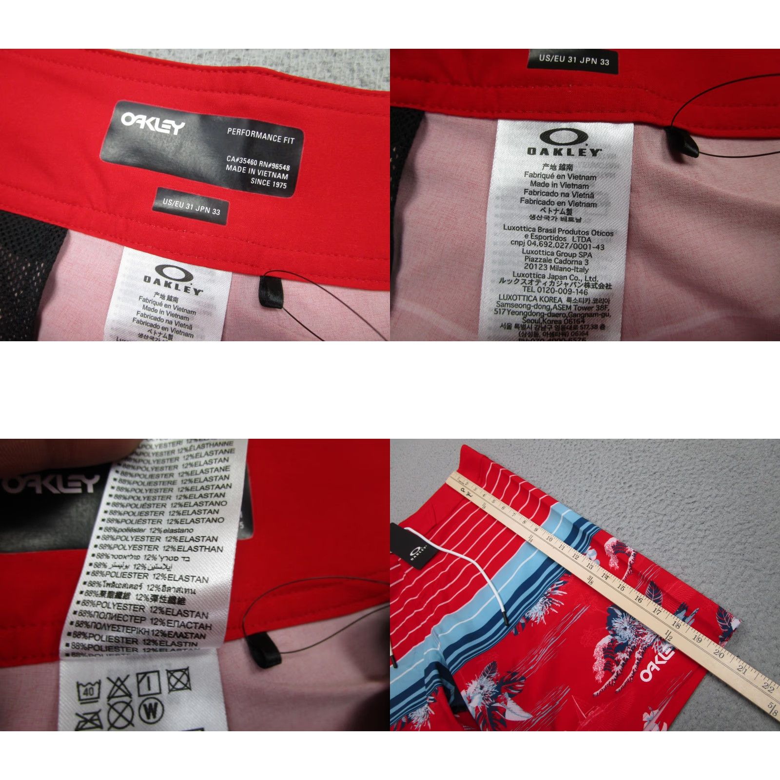 Oakley Oakley Board Shorts Mens 31 Red Hawaiian Floral Surf Trunks - Retro Bloom 20 - 4-Way Stretch Water-Repellent Drawstring Back Pocket Size US 31 - 8 Thumbnail