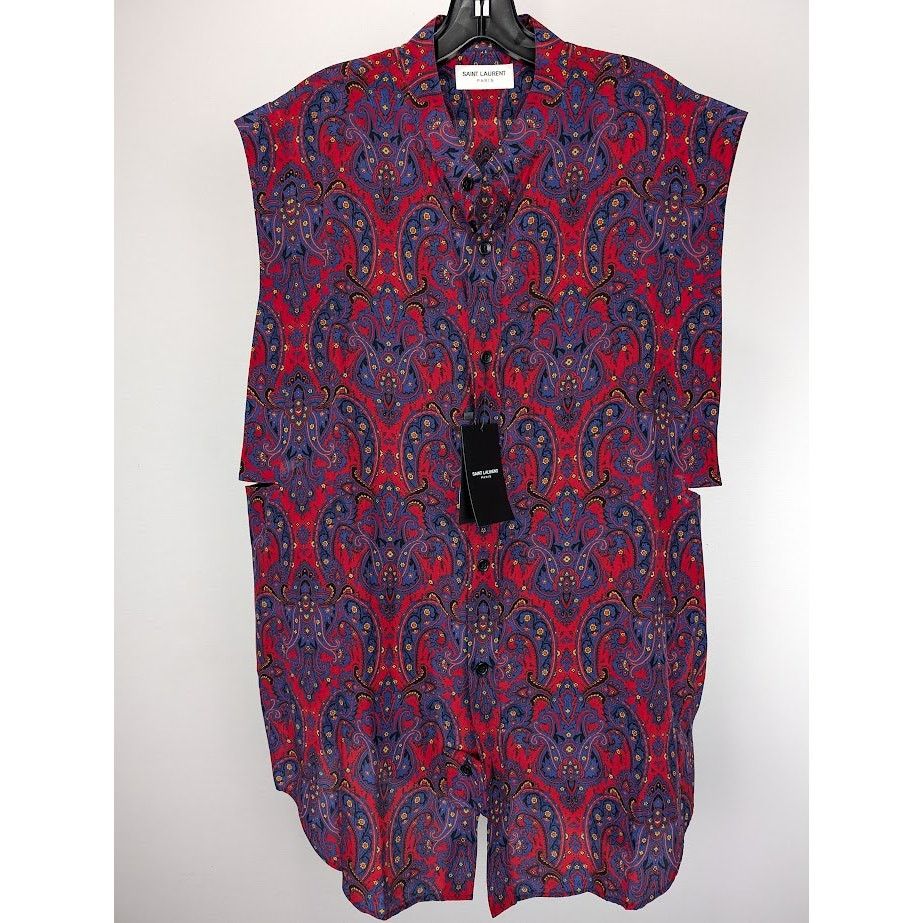 Saint Laurent Paris o1rshd1 Chemise Sans Manches Silk Sleeveless Shirt in Blue Size US L / EU 52-54 / 3 - 3 Thumbnail