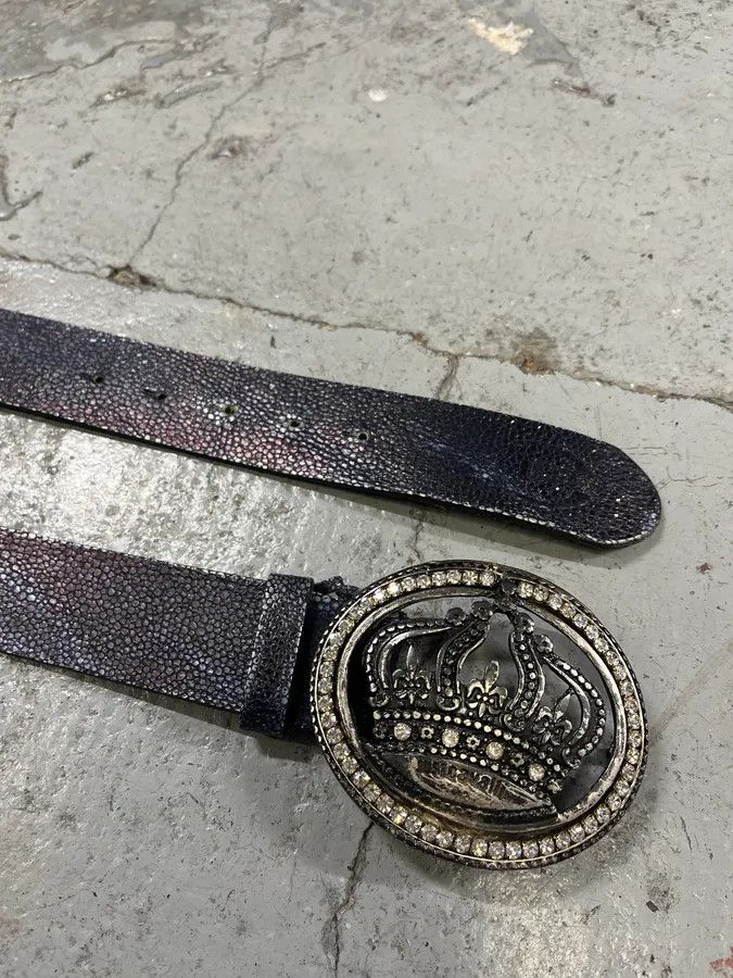 Designer × Roberto Cavalli × Vintage 2000s Cavalli Pave Crown Buckle Blue Aura Leather Belt Size ONE SIZE - 5 Thumbnail