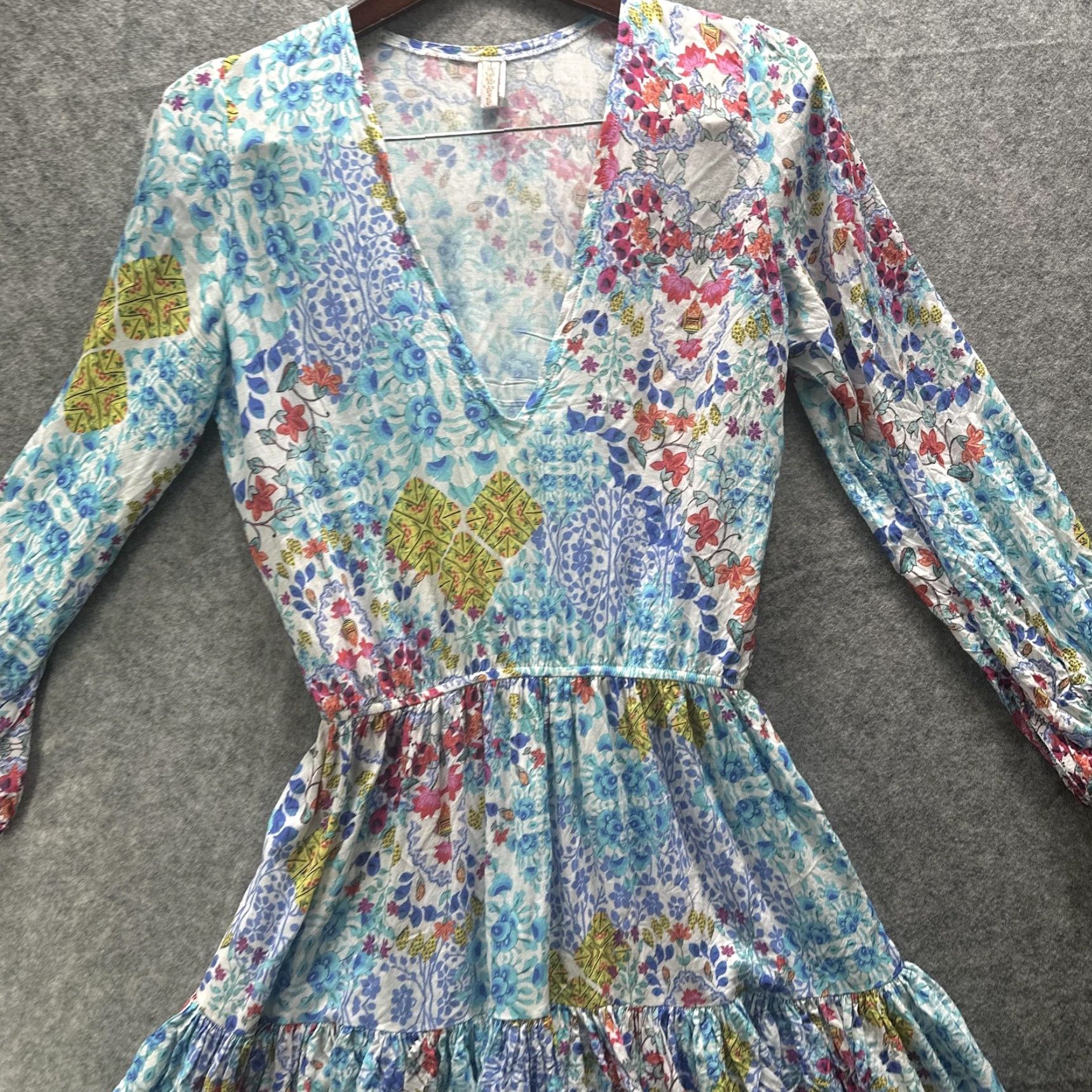 Vintage Luli Fama Dress Womens M Blue Floral Boho Ruffle Hem Long Sleeve Mini Beach Size M / US 6-8 / IT 42-44 - 5 Thumbnail