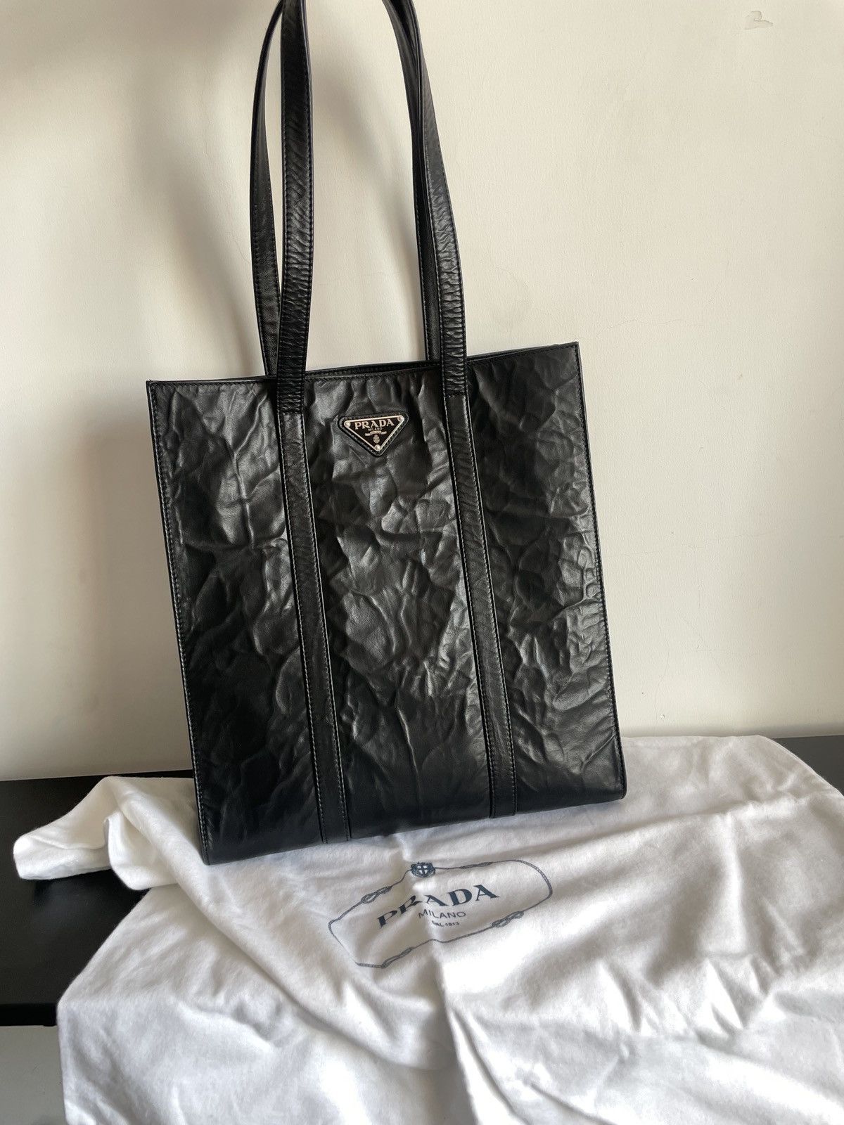 image of Prada Black Crinkled Antique Nappa Leather Tote Bag, Women's