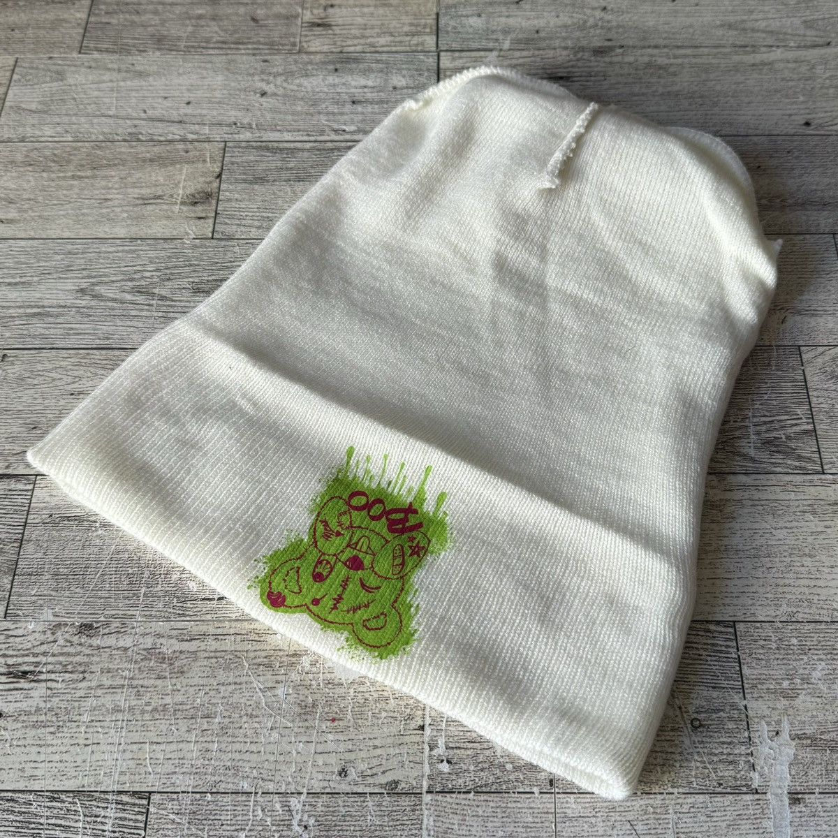 Aeropostale Upcycled, Neon Boo Bear, Knitted Ivory Beanie, Unisex Size ONE SIZE - 6 Thumbnail