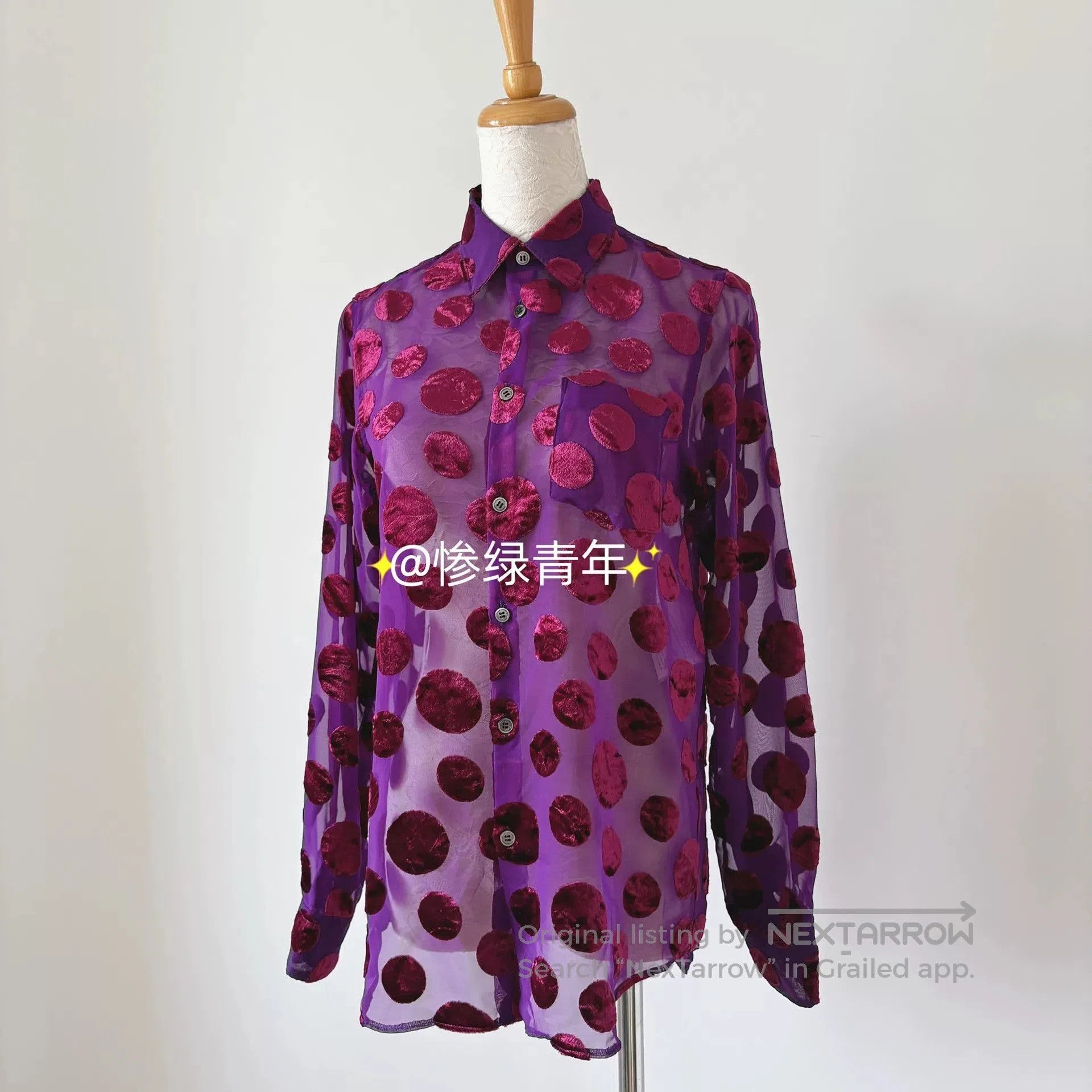 Junya Watanabe vintage purple velvet dotted sheer long sleeve shirt. Size US S / EU 44-46 / 1 - 3 Thumbnail