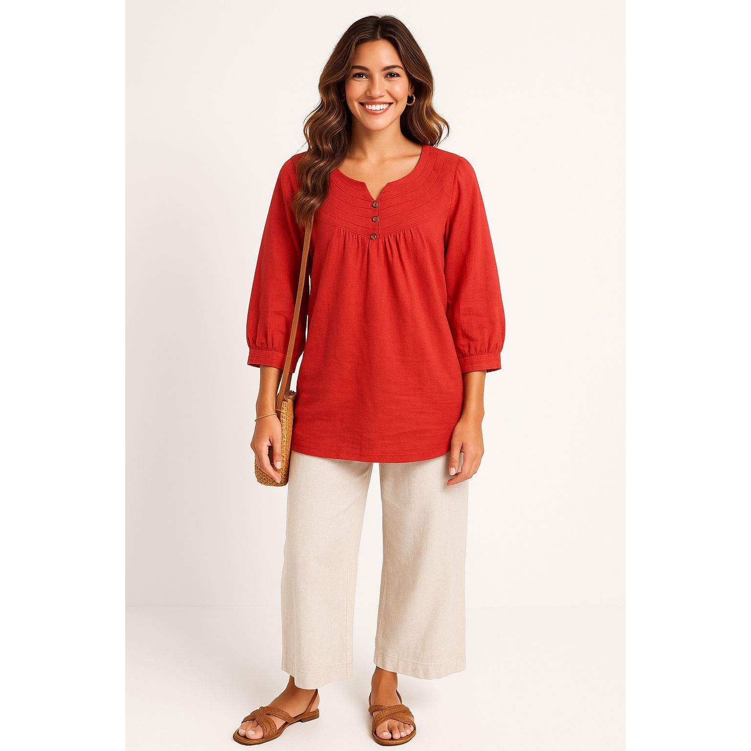Haband Adrian Delafield Salmon Pink Cotton Tunic Top With Button Fr Size L / US 10 / IT 46 - 1 Thumbnail