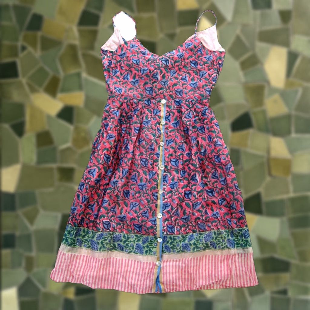 Vintage Zindagi Evleena 100% Cotton Pink Blue Green Floral Pocket Slip Tank Sun Dress L Size L / US 10 / IT 46 - 1 Thumbnail