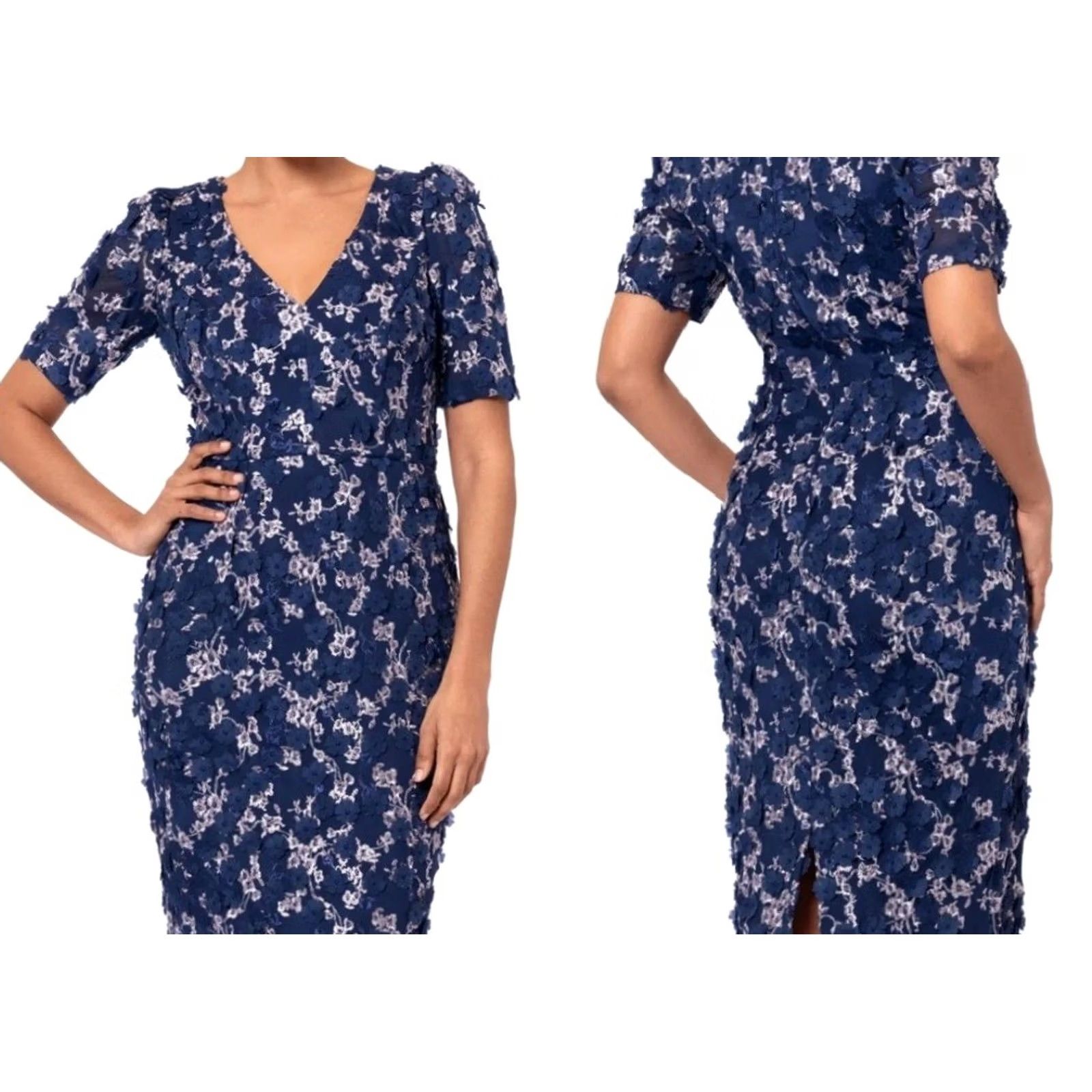 Vintage Xscape Dress Women's Midi Sheath Embroidered Floral V-Neck Blue 10 NEW Party Cocktail Size L / US 10 / IT 46 - 6 Thumbnail