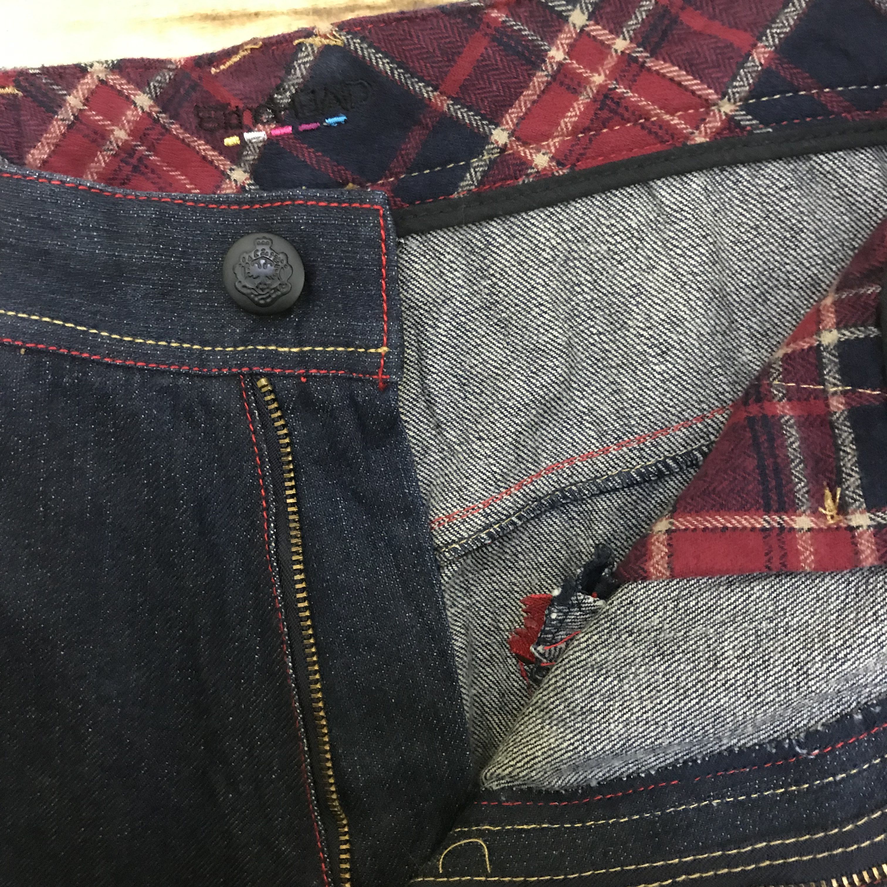 Japanese Brand X197 NEED GONE! BAGGY ZIPPER HYBRID TARTAN AND DENIM JEANS Size US 35 - 7 Thumbnail