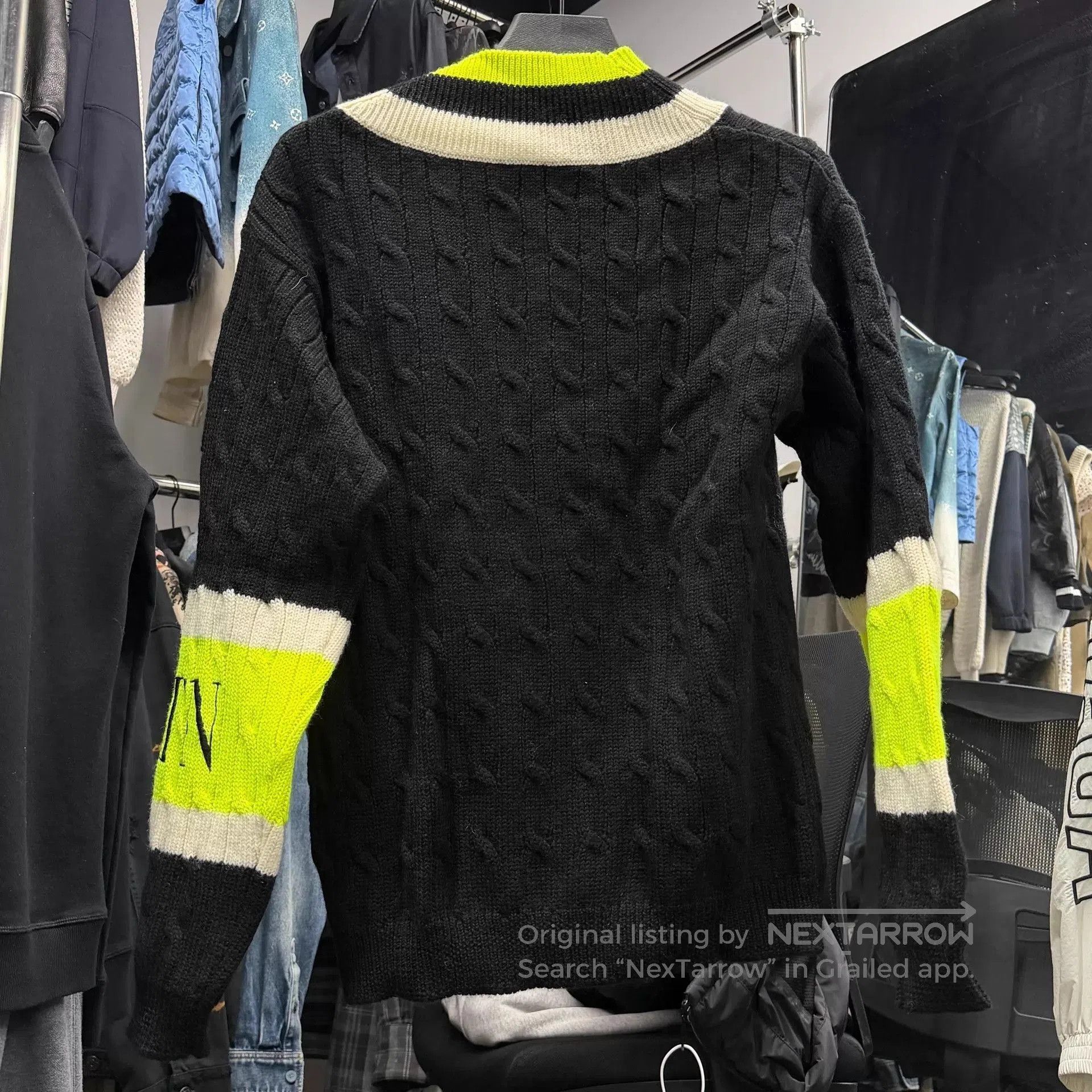 Valentino Black Cable Knit Cardigan with Neon Yellow Trim - M. Size US M / EU 48-50 / 2 - 5 Thumbnail