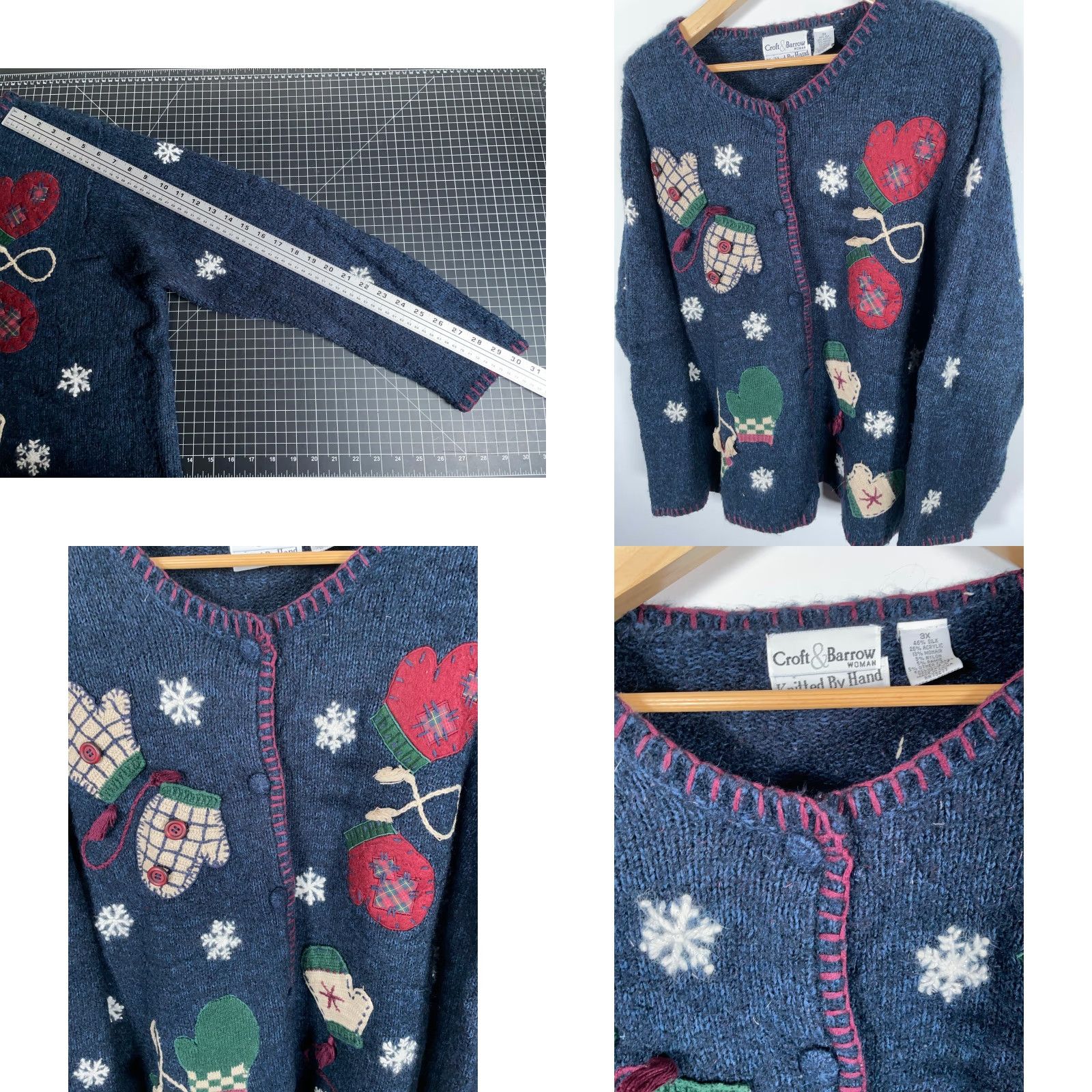 Croft & Barrow VINTAGE Croft & Barrow Cardigan Sweater 3X Women’s Handknit Mitten Applique Blue Crew Neck Long Sleeve Fall Winter 90s Teacher Womens Size XXL / US 16-18 / IT 52-54 - 8 Thumbnail