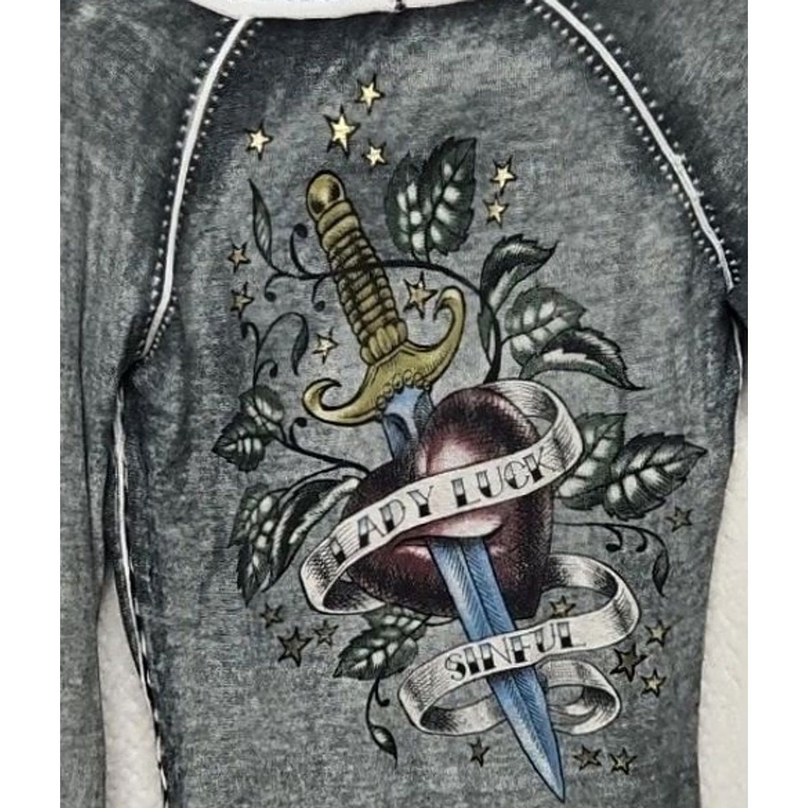Vintage Sinful Hoodie Women’s Gray Burn Wash Rhinestone Medium Heart Dagger Graphic Size M / US 6-8 / IT 42-44 - 6 Thumbnail