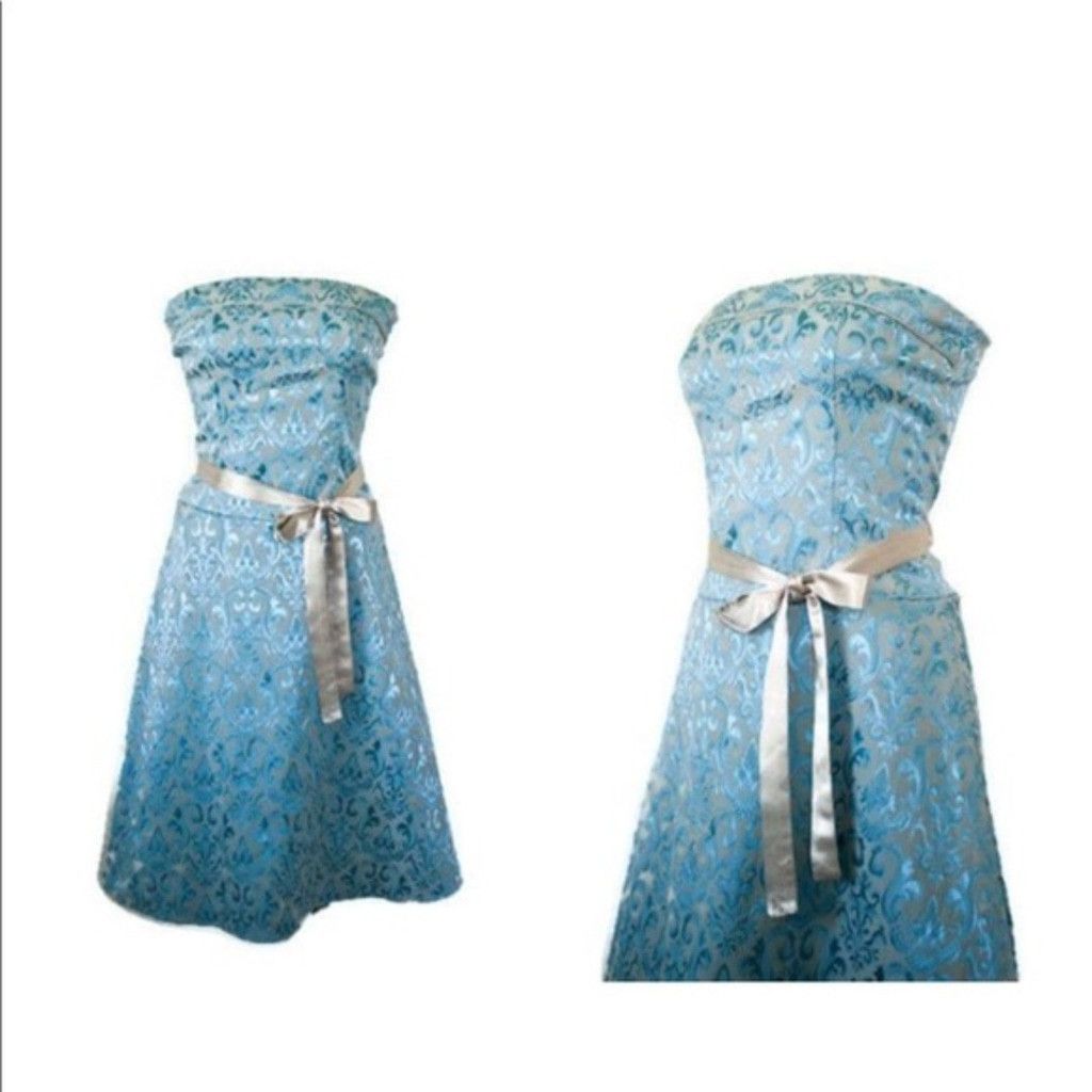 Vintage Womens French Blue Brocade Strapless Dress satin Ribbon Belt Size S / US 4 / IT 40 - 1 Thumbnail