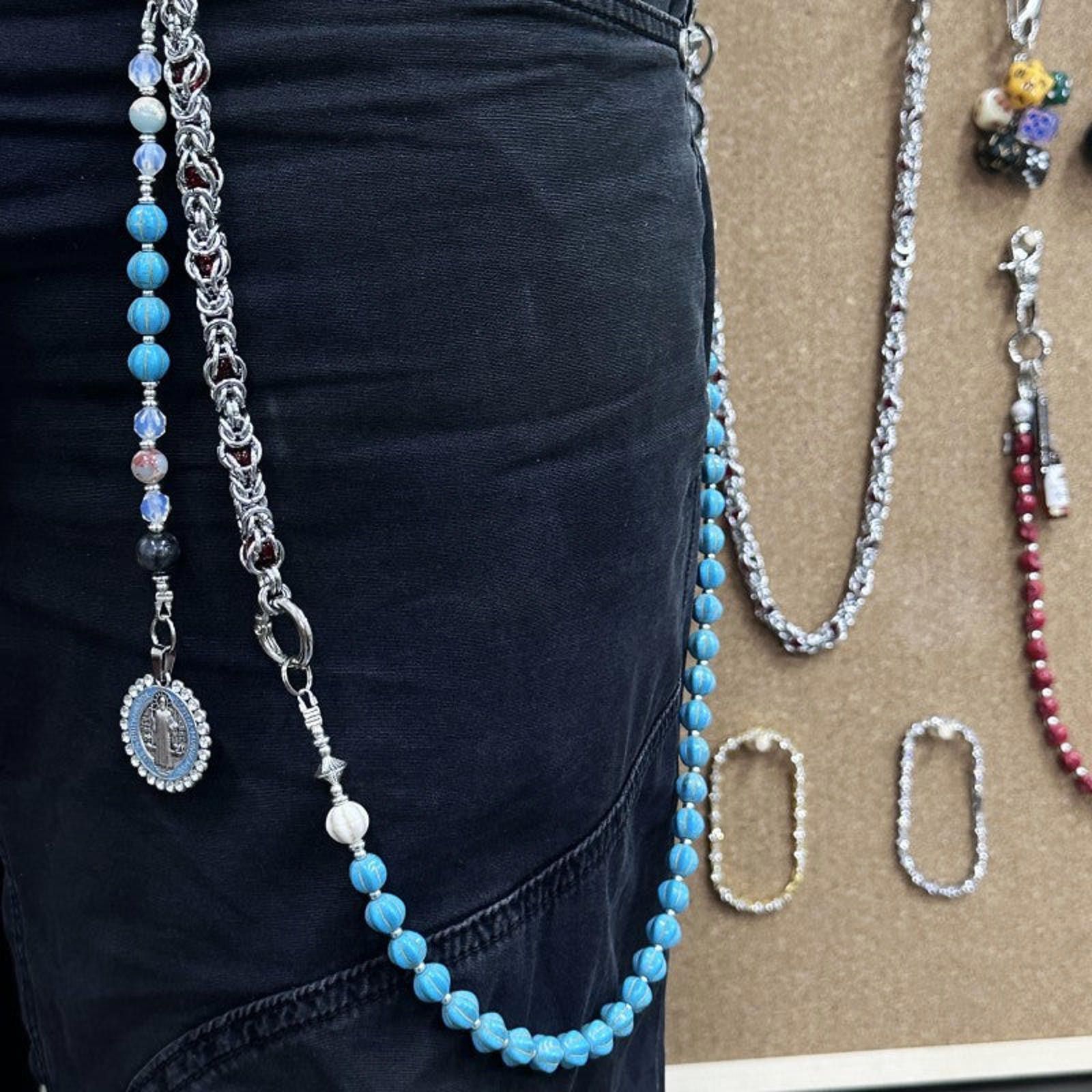 Jewelry Blue Beaded Chain Wallet Key Holder, Silver Clasp Size ONE SIZE - 1 Thumbnail