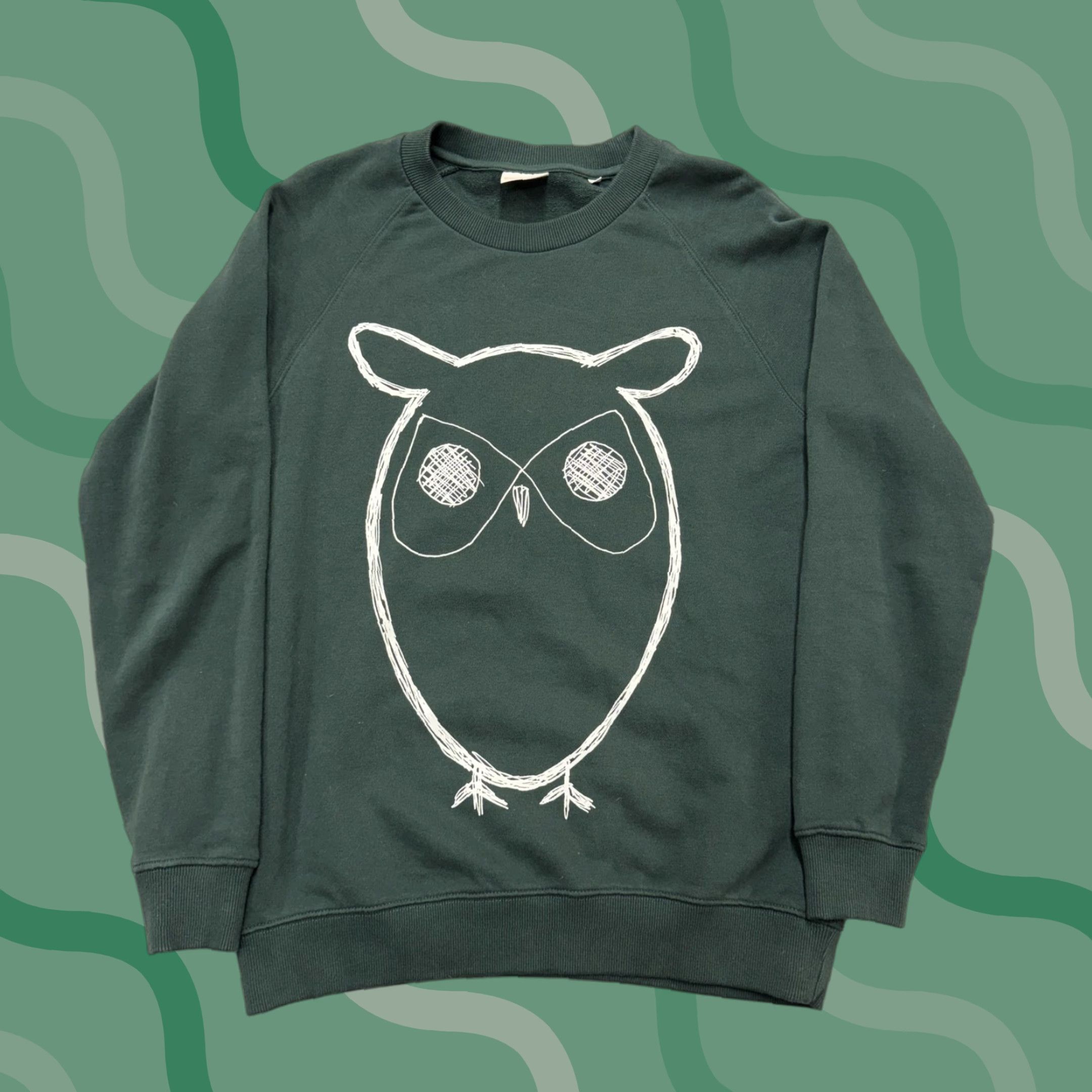 Vintage KnowledgeCotton Apparel Sweatshirt Mens Large Green Owl Graphic Fleece Pullover Size US L / EU 52-54 / 3 - 1 Thumbnail