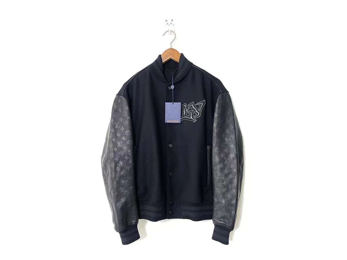 image of Louis Vuitton Monogram Leather And Wool Blouson Varsity Jacket in Black, Men's (Size Small)