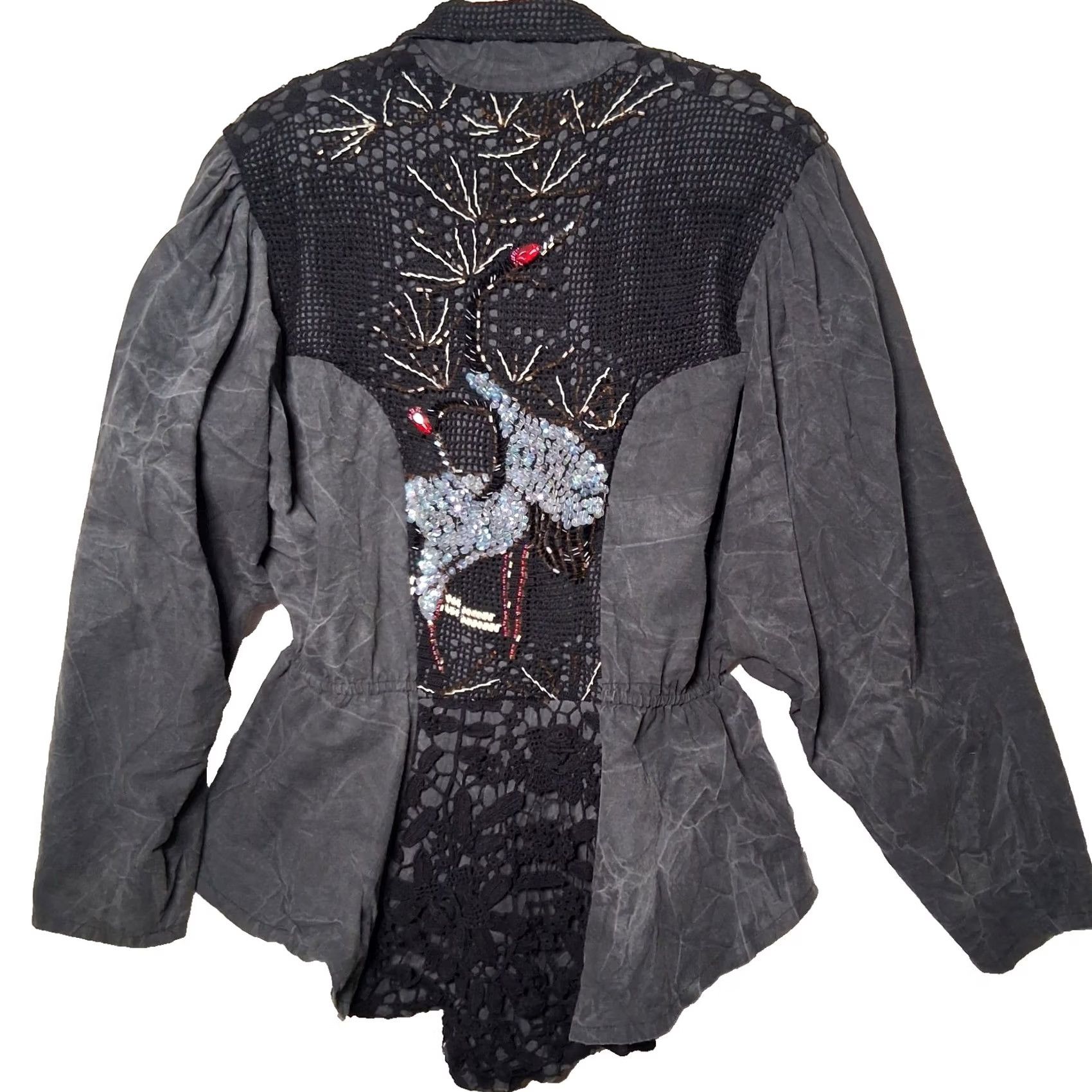 Vintage VINTAGE LIM'S Jacket Womens Short Faded Gray Crochet Beaded Crane Bird 90s Statement Piece 1980s 1990s USA Made Size L / US 10 / IT 46 - 2 Thumbnail