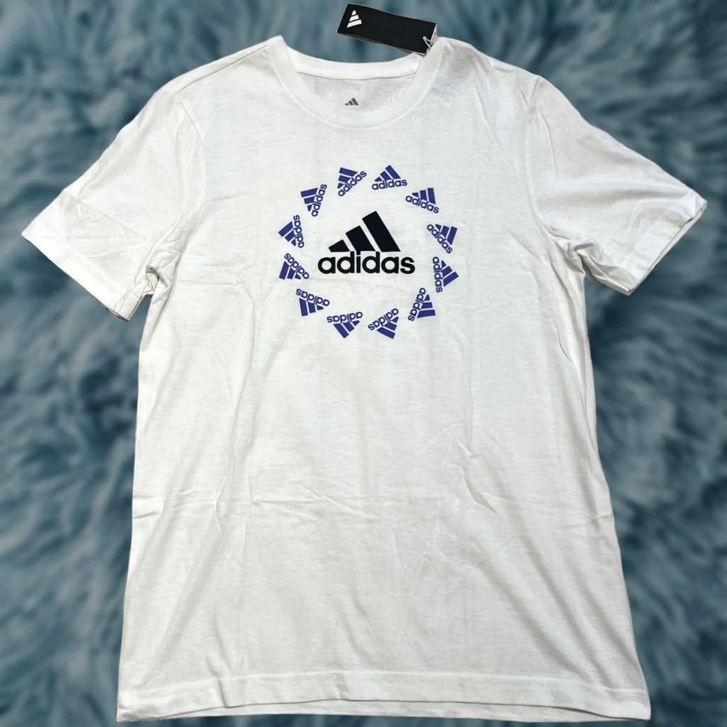 Adidas Shirt Mens Small White Blue Black Spell Out Logo Soccer Sports Cotton Top, Men's