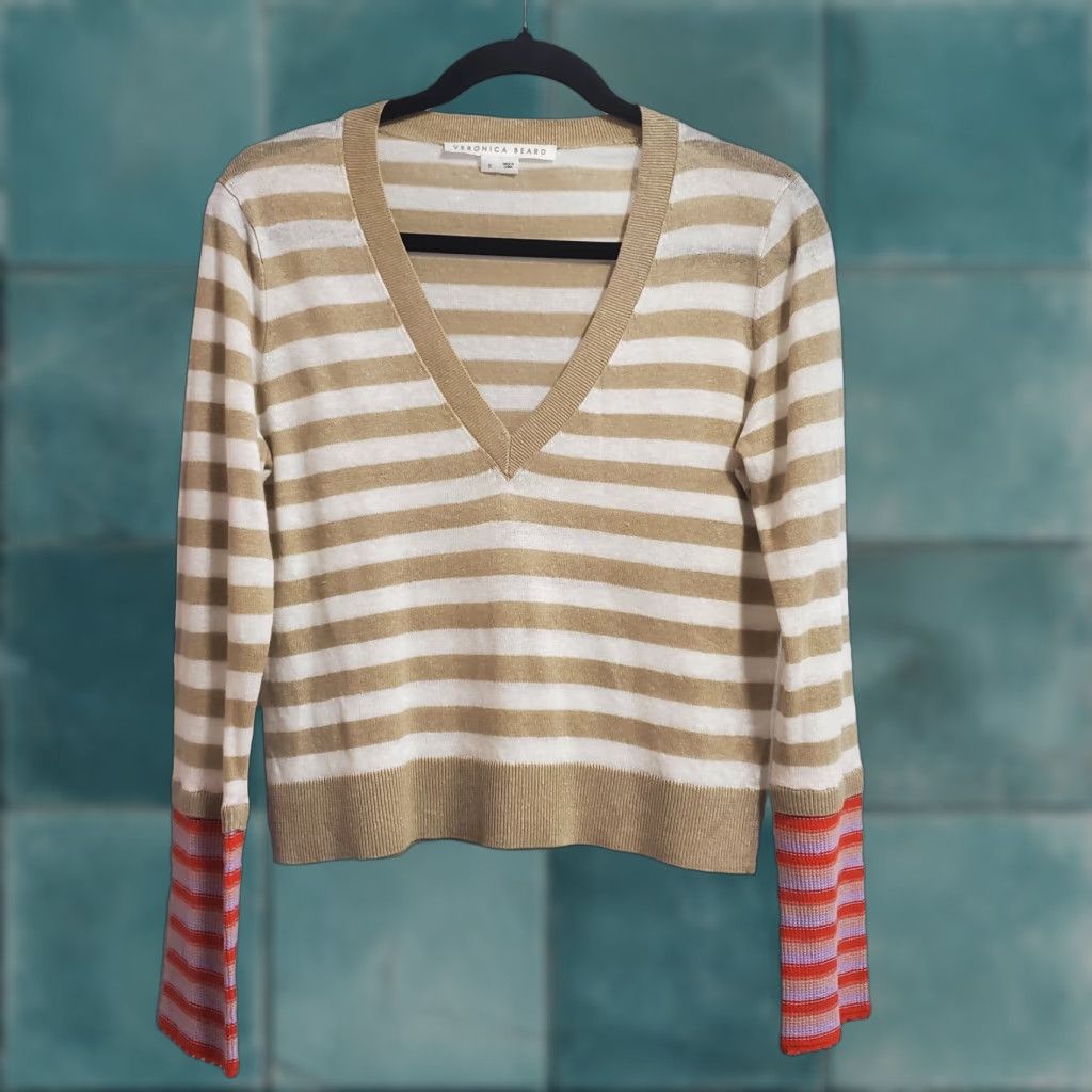 Veronica Beard VINTAGE Veronica Beard Sweater Women S Florrie Stripe Contrast Cuff Linen Blend Pullover Size S / US 4 / IT 40 - 1 Thumbnail