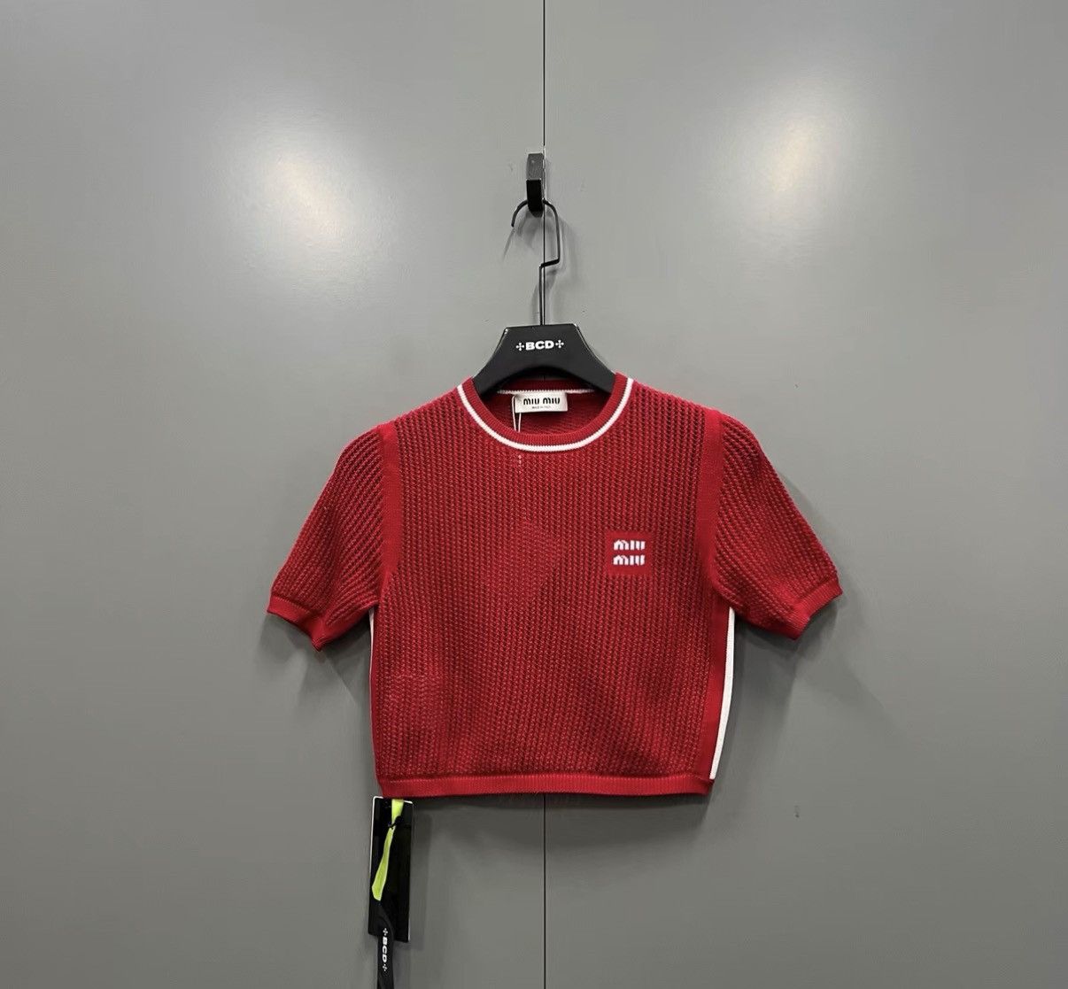 Miu Miu Miu Miu Red Knit Short Sleeve Top with Mini Logo Print J41 Size XS / US 0-2 / IT 36-38 - 1 Thumbnail