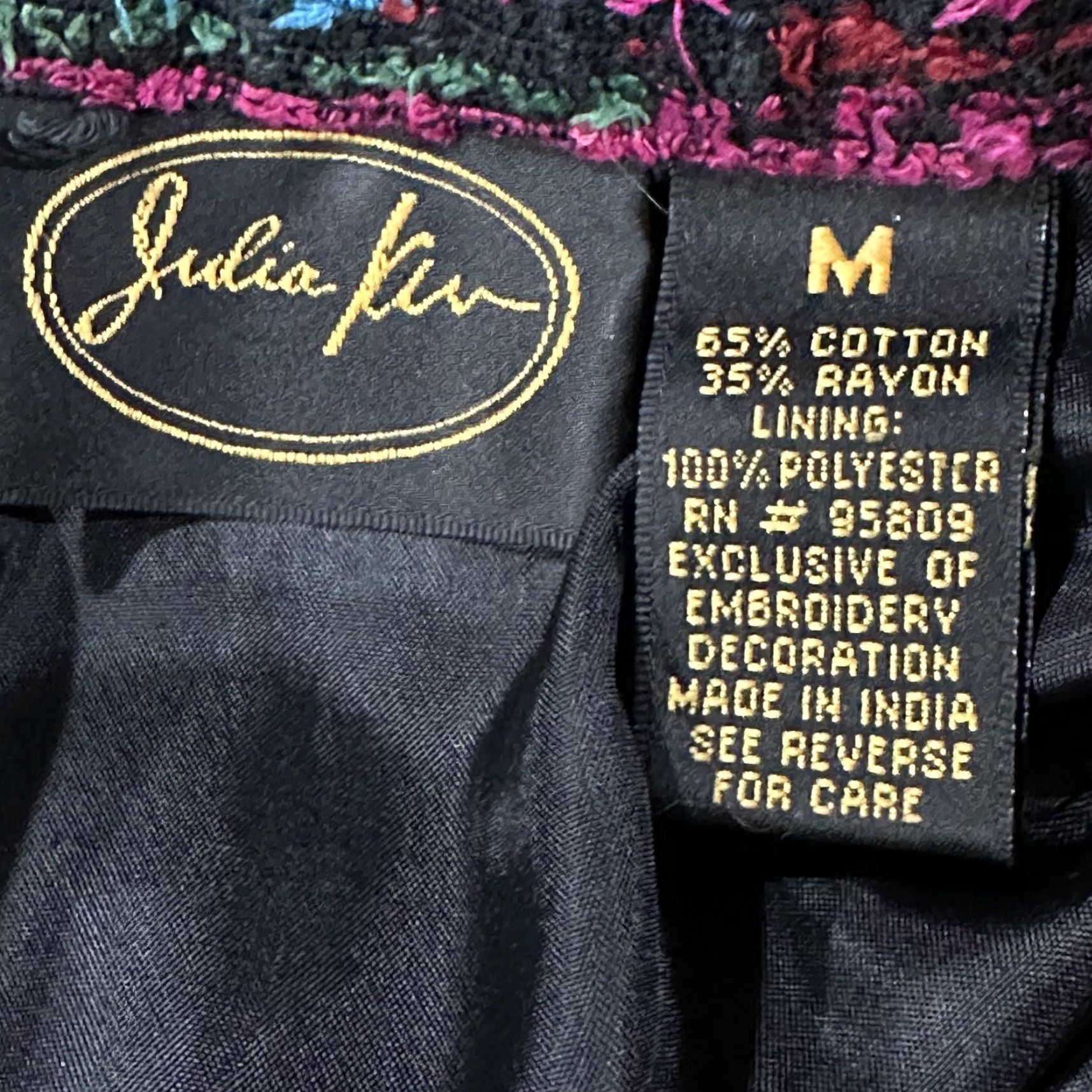 Julia Kim Jacket Womens M Black Multicolor Embroidered Floral Boho Lined Button Short Casual