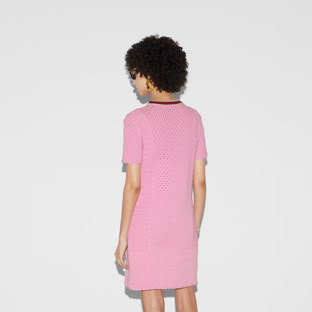 Gucci o1la5ras0526 Crochet-Effect Cotton Dress With Web in Pink Size S / US 4 / IT 40 - 3 Thumbnail