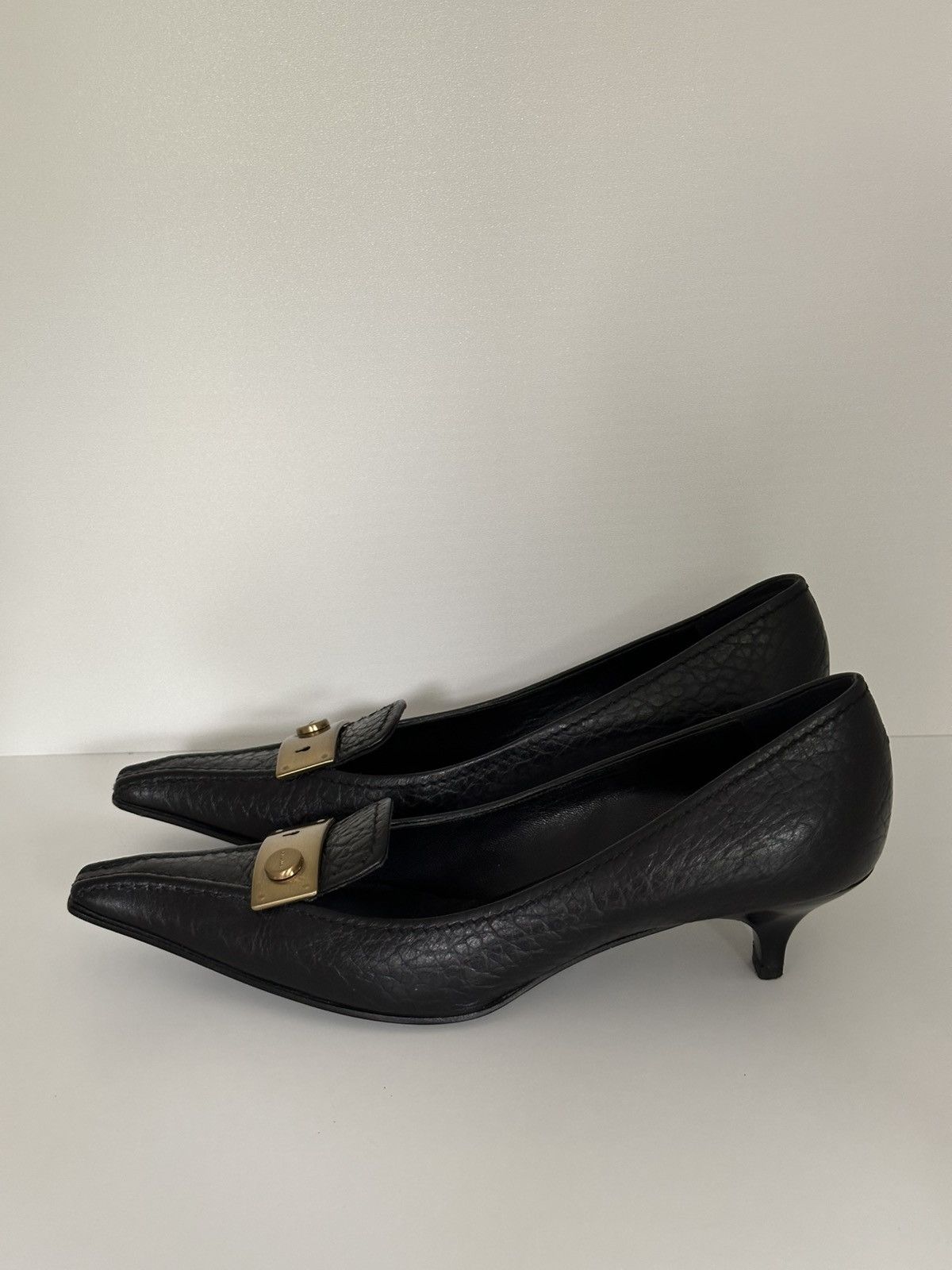 Italian Designers Prada Leather Black Pumps Lock Shoes, Women's (Size 6.5)