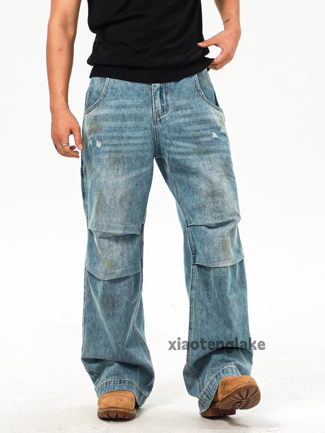 Jean Unisex washed faded loose baggy pleated carpenter jeans Size US 28 / EU 44 - 2 Thumbnail