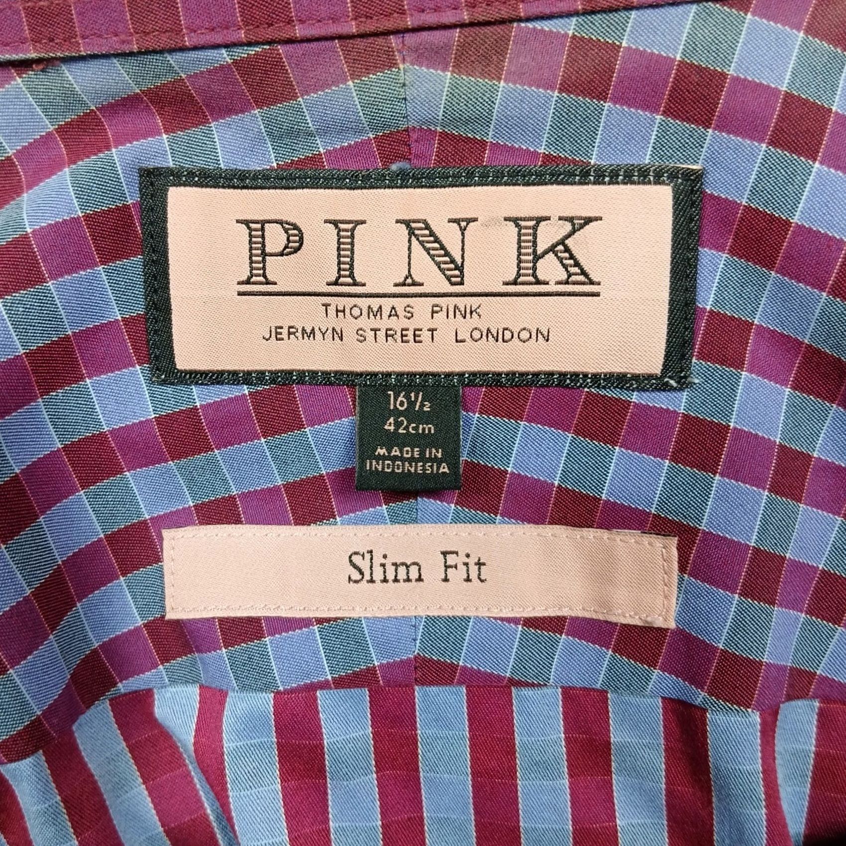 Vintage Thomas Pink Dress Shirt Slim Fit Men's 16.5 Purple Blue Size 46R - 4 Thumbnail