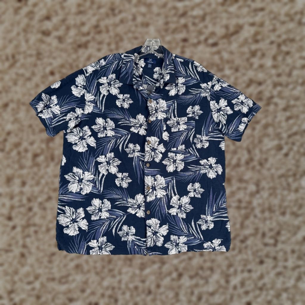 George George Shirt Adult Large Blue White Floral Leaf Button Up Hawaiian 100% Rayon Size US L / EU 52-54 / 3 - 1 Thumbnail