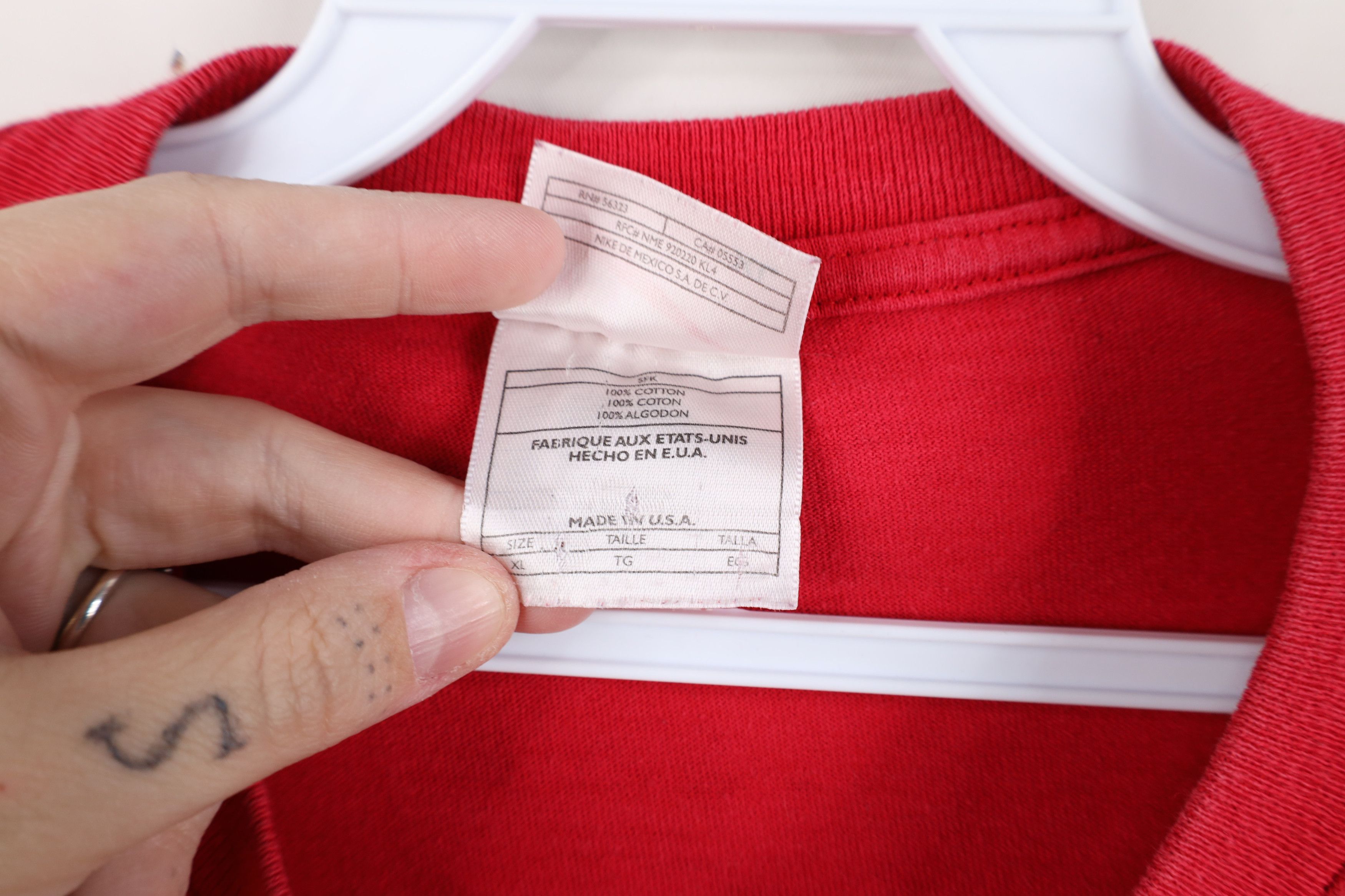 Nike × Vintage Vintage 90s Nike Scott Mini Swoosh T-Shirt Red Cotton USA Size US XL / EU 56 / 4 - 7 Thumbnail