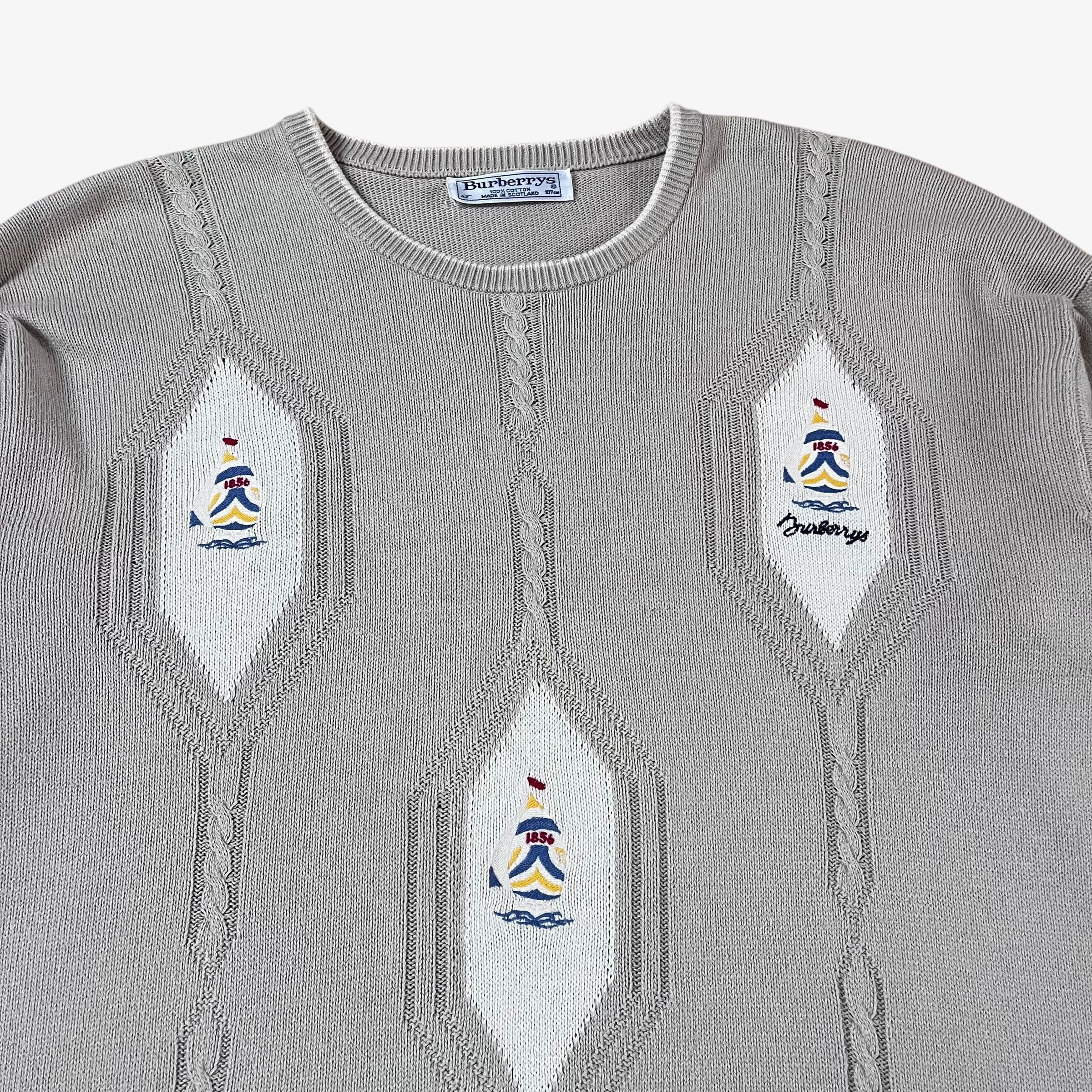 Burberry Vintage 80s Men's Burberry Cable Knit Beige Jumper Size US XL / EU 56 / 4 - 2 Thumbnail