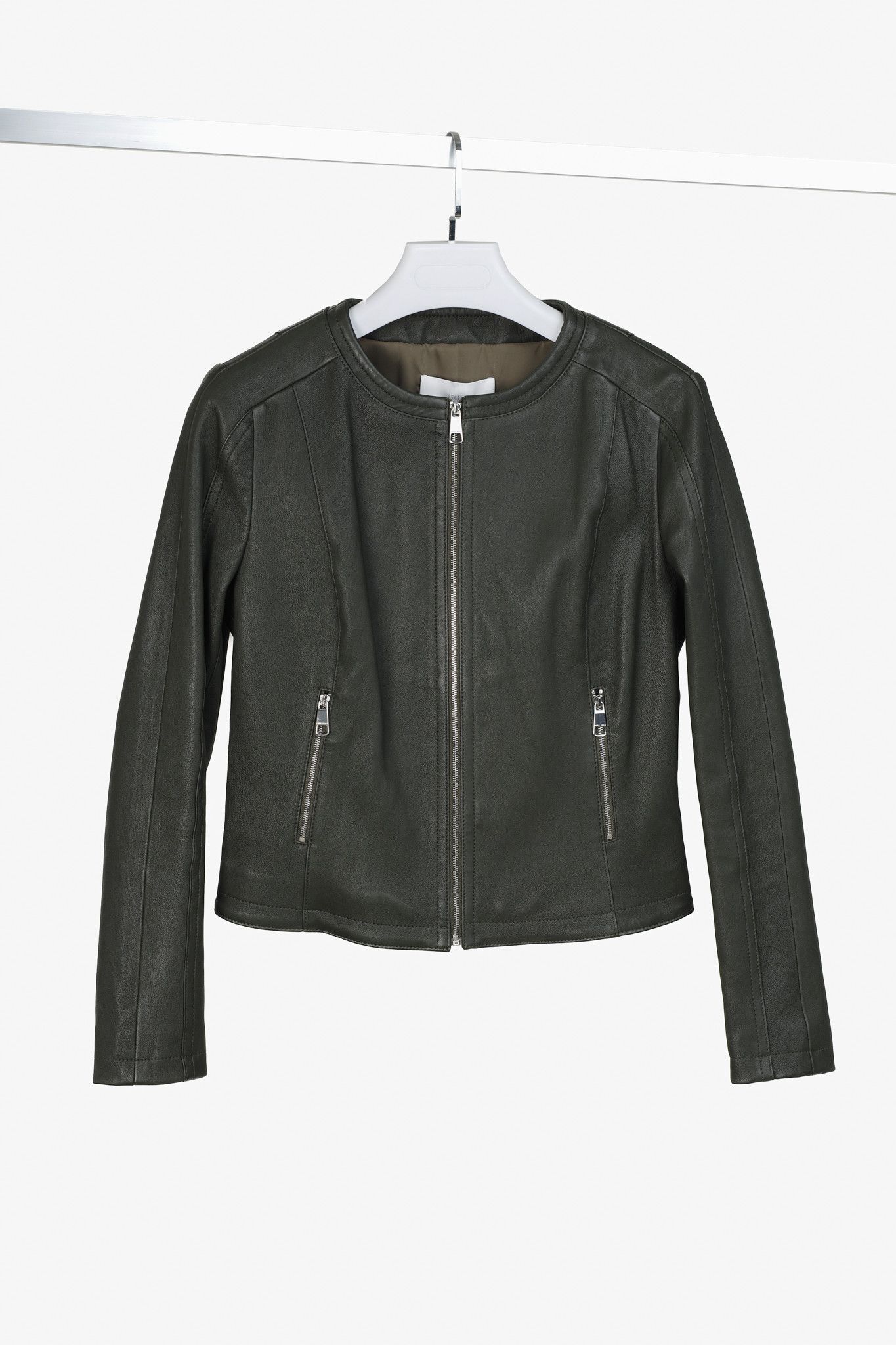 Hugo Boss Grey Green Leather Moto Jacket
