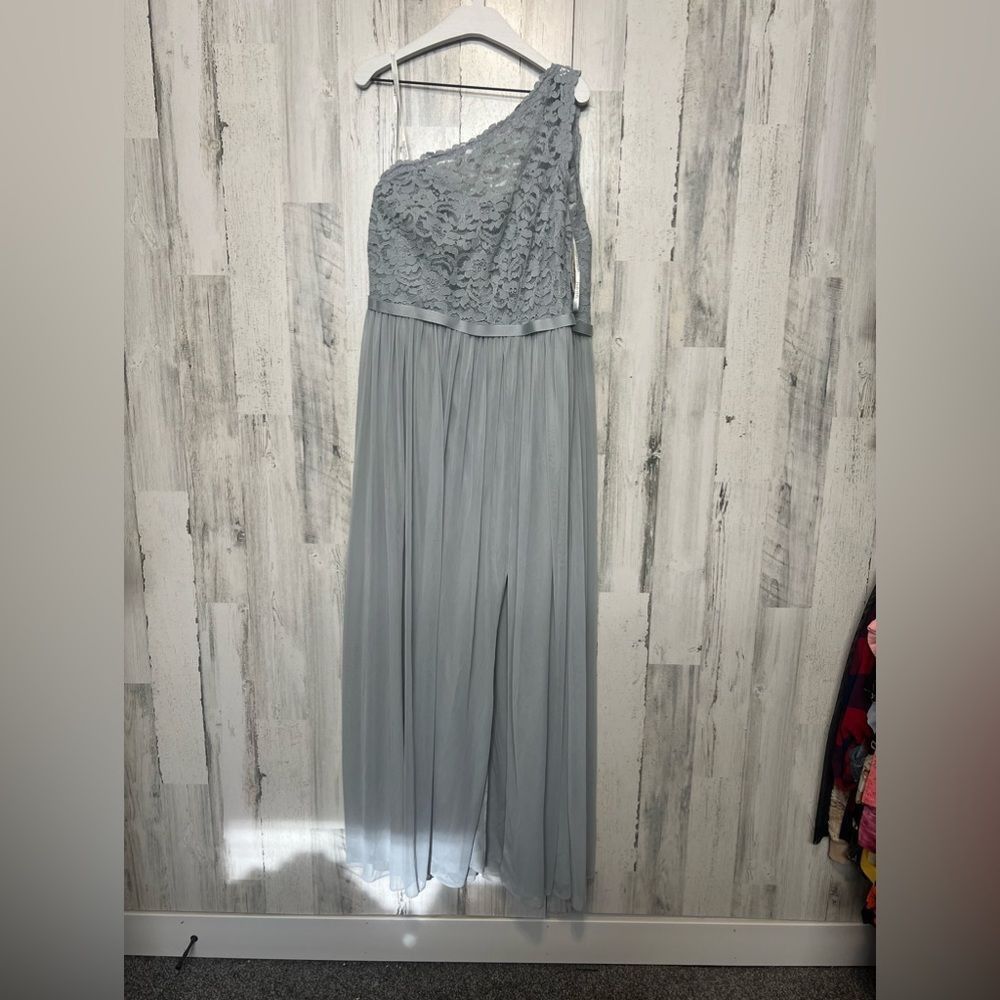 Other David’s Bridal One-Shoulder Lace Chiffon Gown – Misty Blue – Size XL / US 12-14 / IT 48-50 - 7 Thumbnail