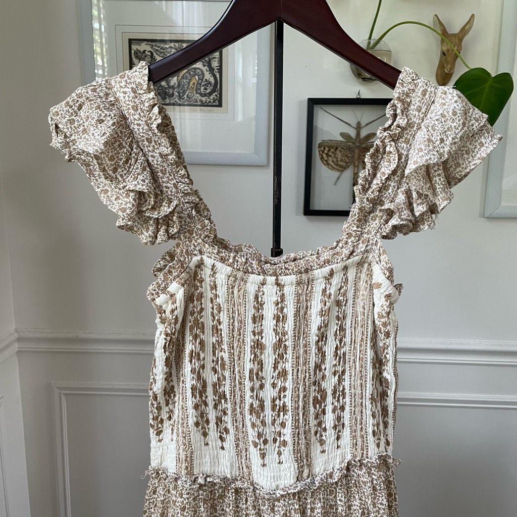 Other Sim & Sam Smocked Top Jumpsuit Natural Ivory Calico S Size US 29 - 2 Thumbnail