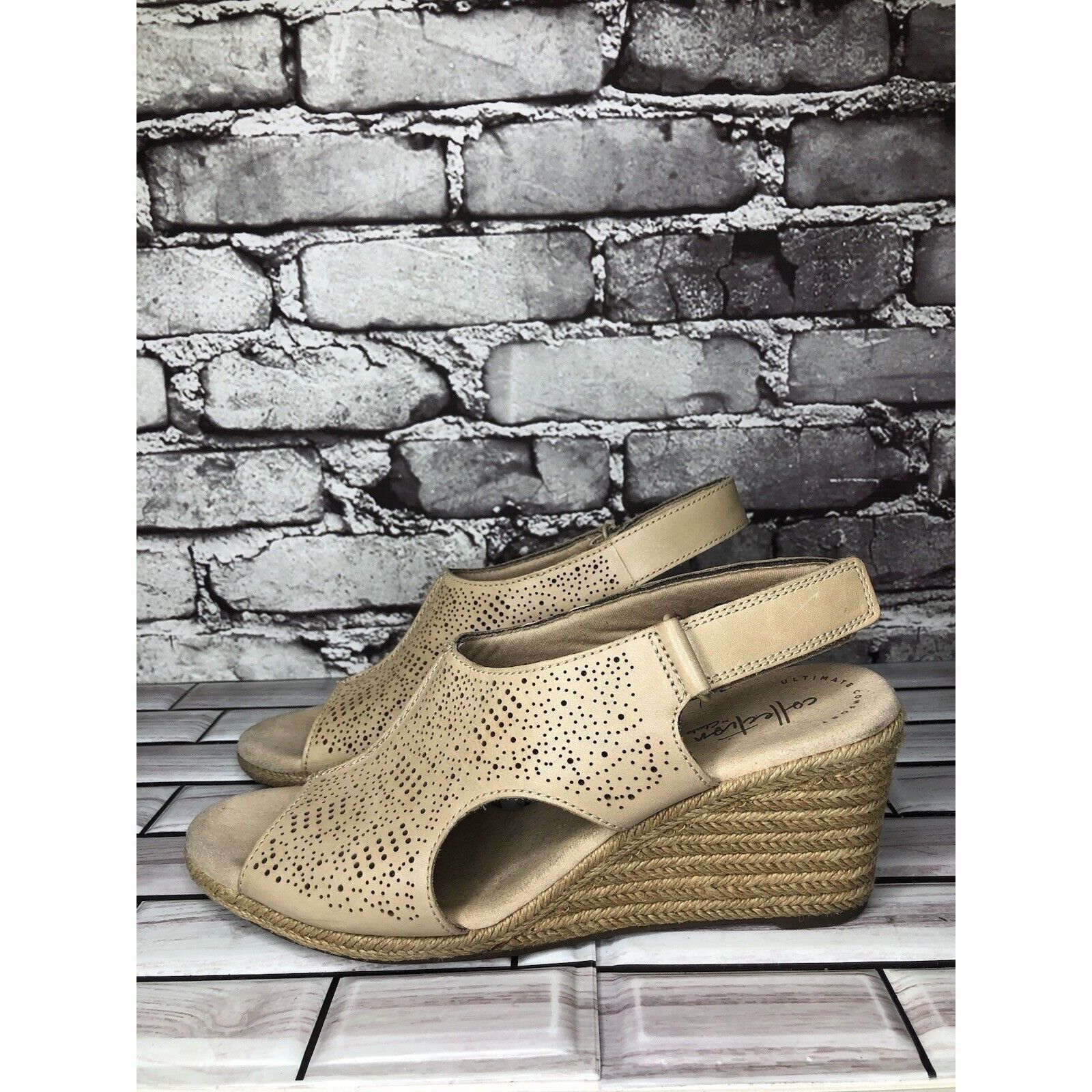 Clarks Clarks Beige Leather Perforated Strap Espadrilles Wedge Sand Size US 8.5 / IT 38.5 - 17 Thumbnail