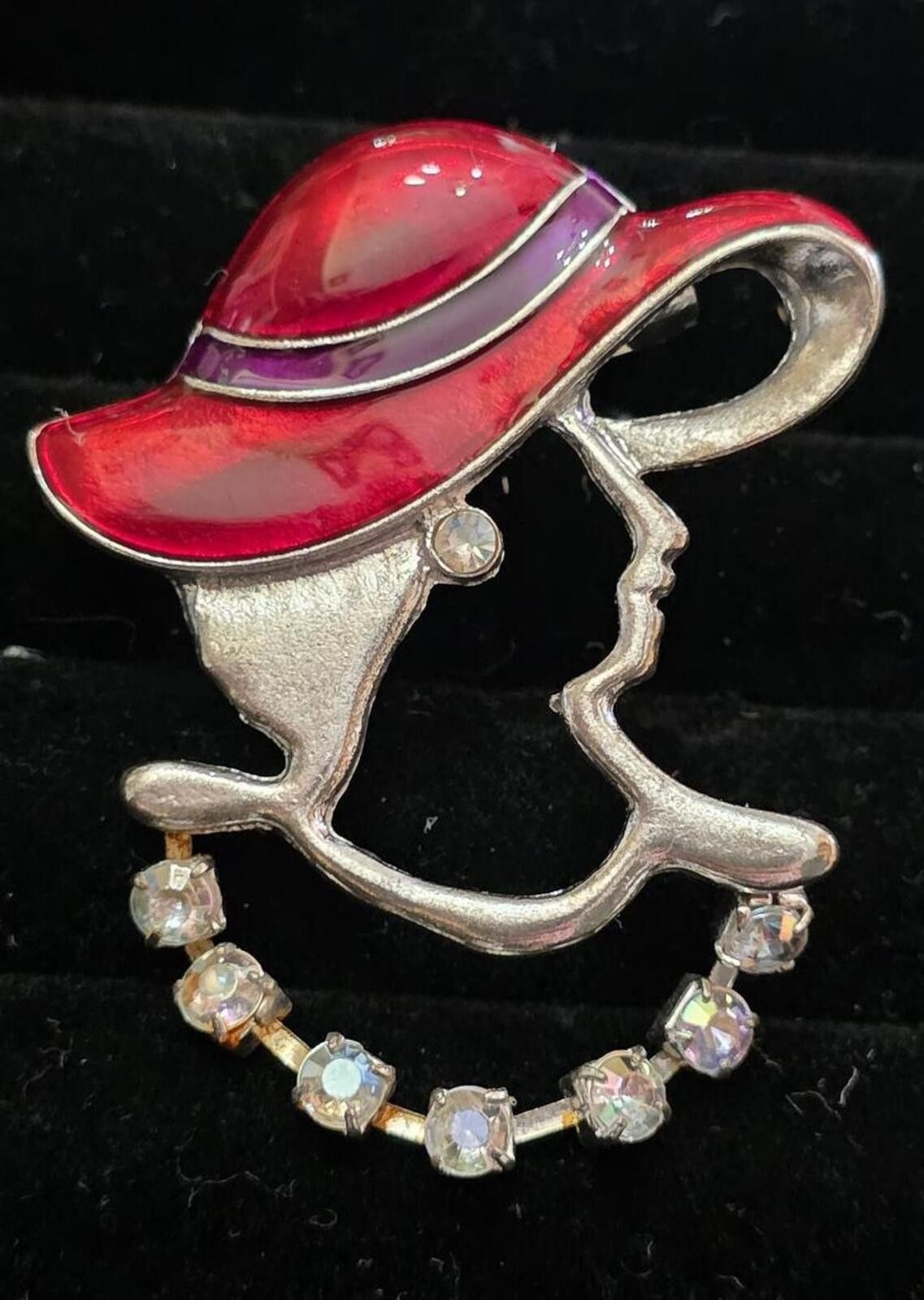 The Unbranded Brand Vintage Red Hat Lady Silhouette Brooch Rhinestone Accents 2" Size ONE SIZE - 1 Thumbnail
