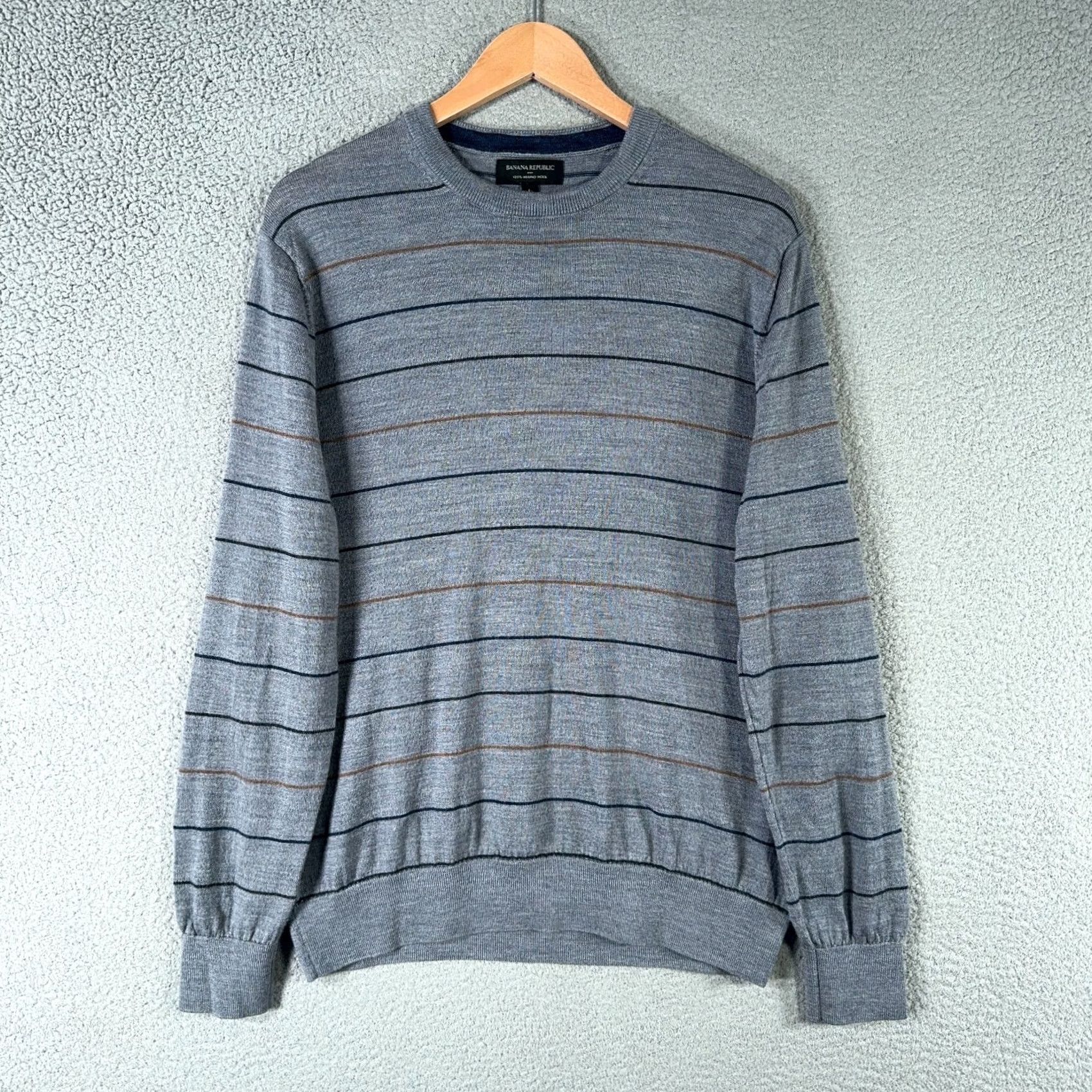 Banana Republic Banana Republic Sweater Mens Large Slim Gray Striped Pullover 100% Merino Wool Crew Neck Knit Wool Shirt Size US L / EU 52-54 / 3 - 2 Thumbnail