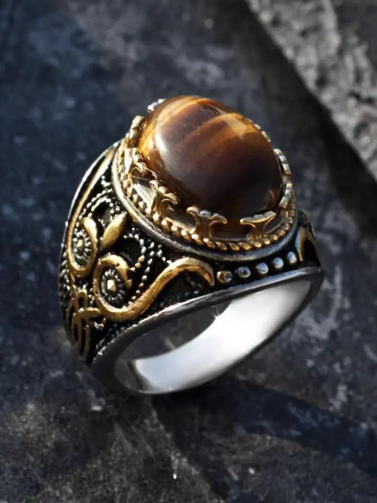 Jewelry × Vintage Hip Hop Vintage Carved Tiger Eye Ring Size ONE SIZE - 1 Thumbnail