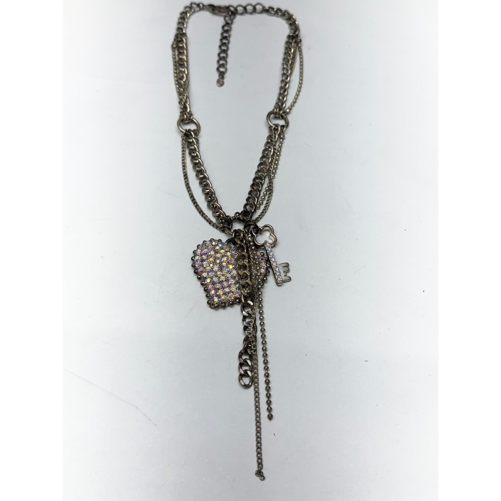 Vintage Rhinestone heart silver chain key charm necklace Size ONE SIZE - 2 Thumbnail