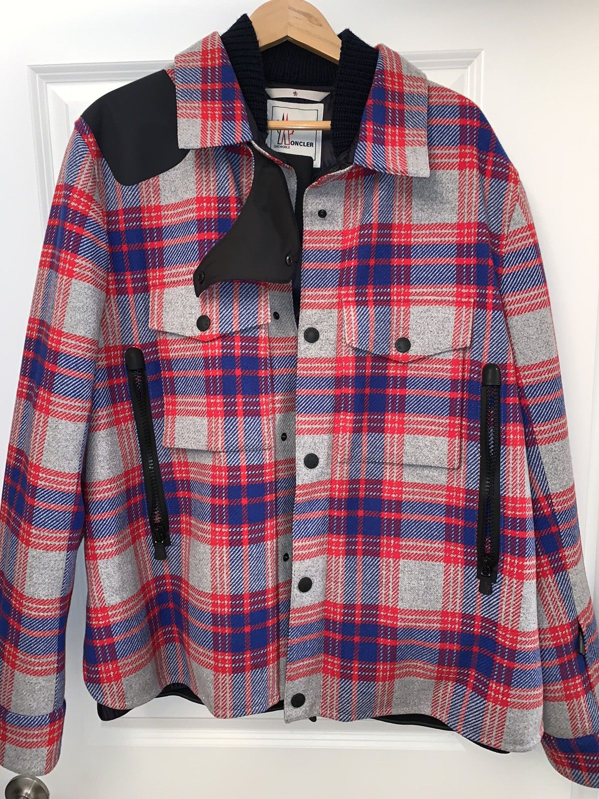 image of Plaid Moncler Grenoble Coat in Grey, Men's (Size XL)